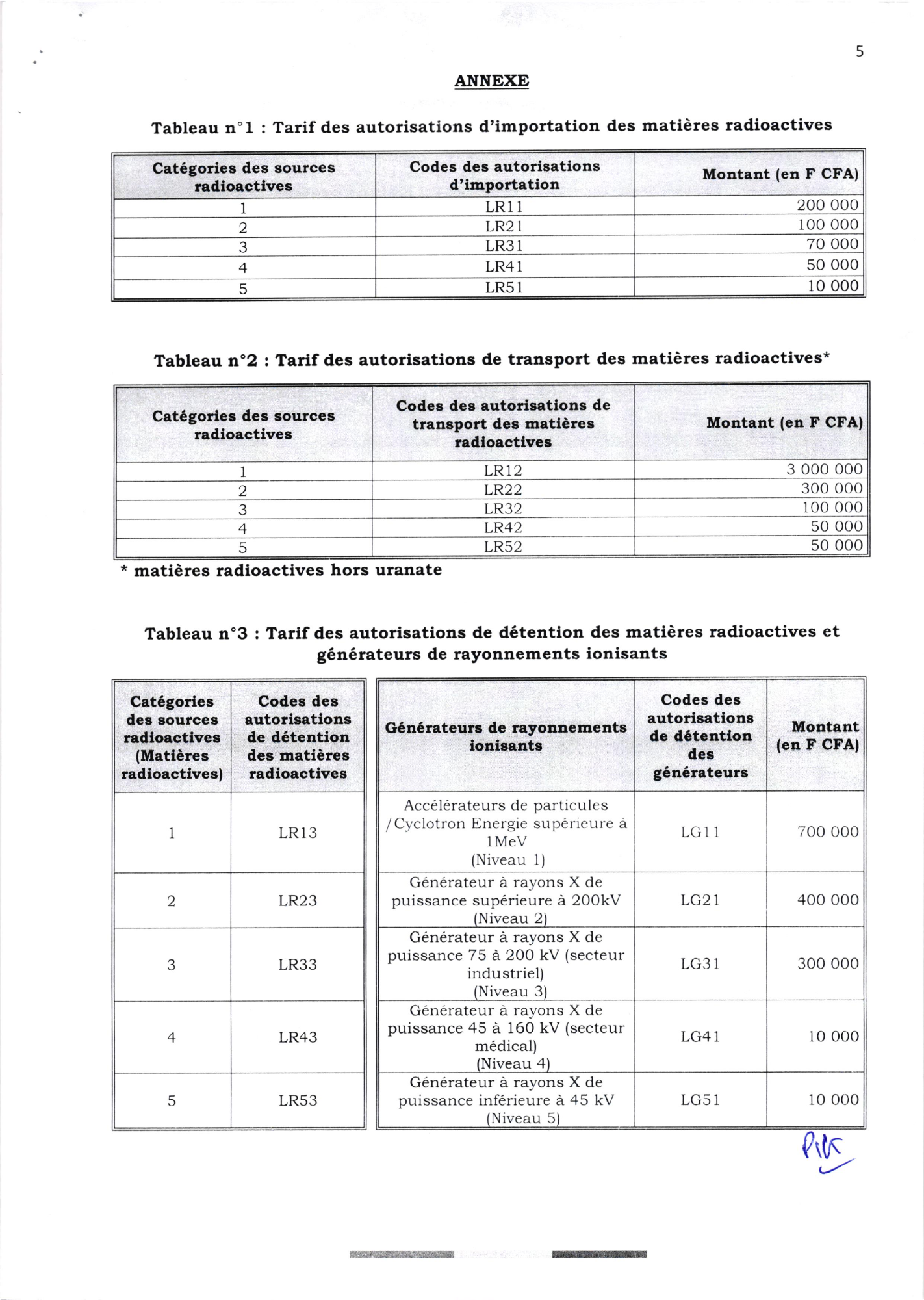 Arrêté interministériel 2023-001 du 30 mars 2023 — official PDF page 5; original table columns, symbols and diagram connections