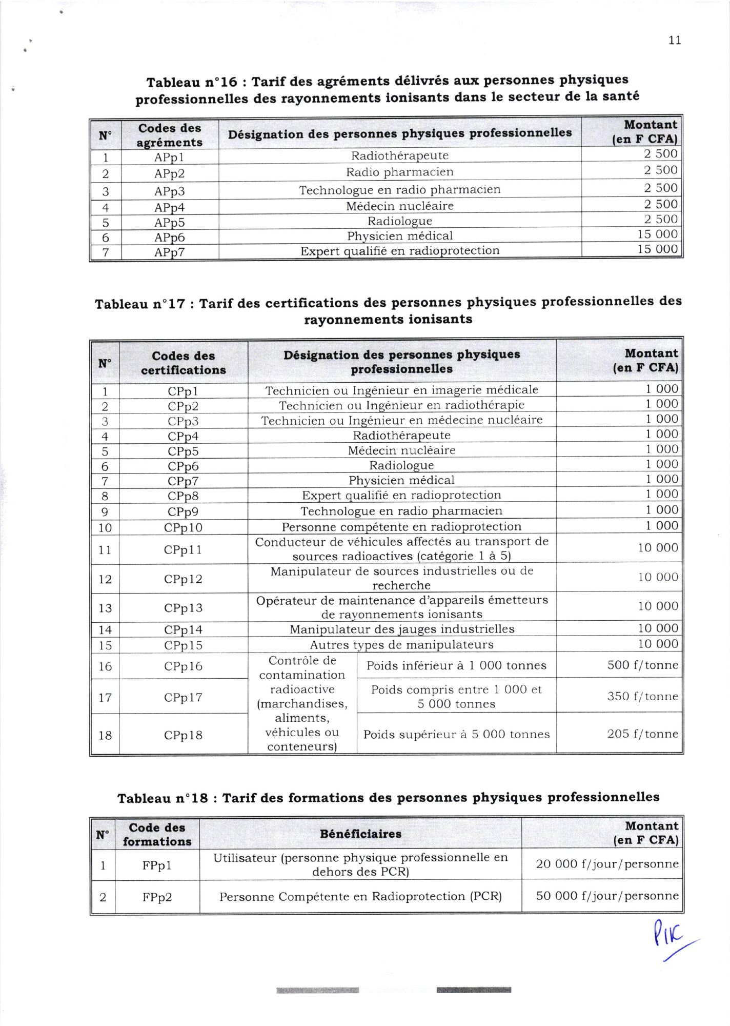 Arrêté interministériel 2023-001 du 30 mars 2023 — official PDF page 11; original table columns, symbols and diagram connections
