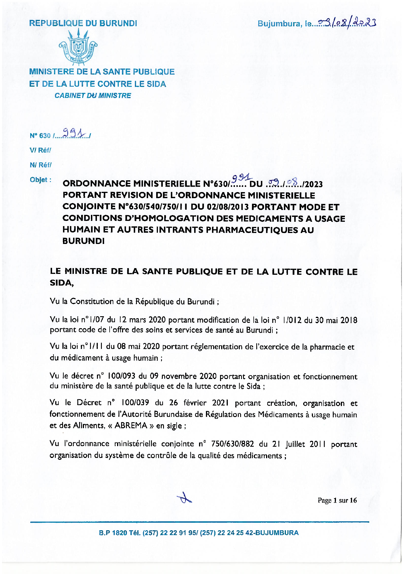 Ordonnance ministérielle n° 630/991 du 9 août 2023 — official PDF page 1; original table columns, symbols and diagram connections