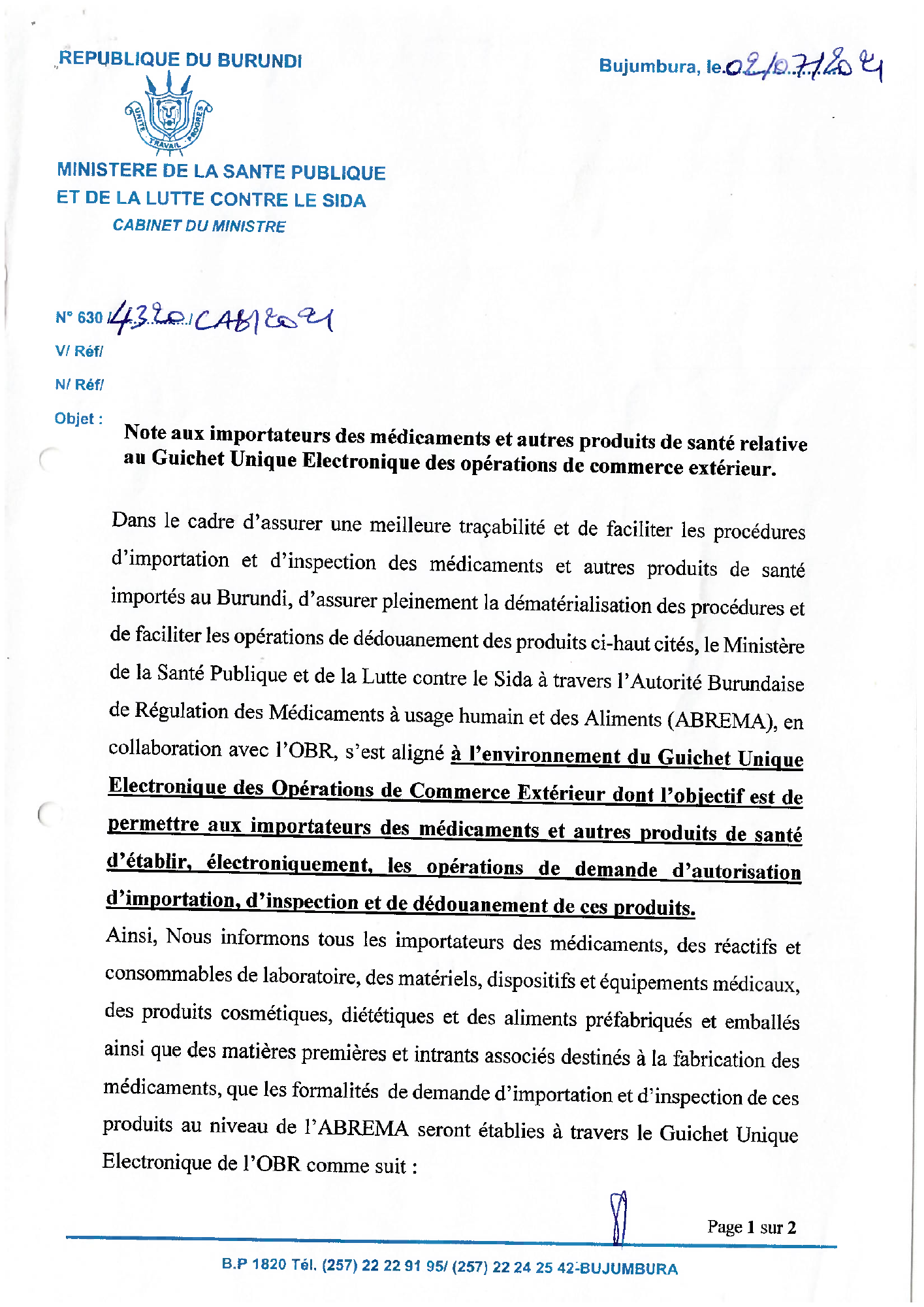 burundi-health-product-electronic-import-note-2021 — official PDF page 1; original table columns, symbols and diagram connections
