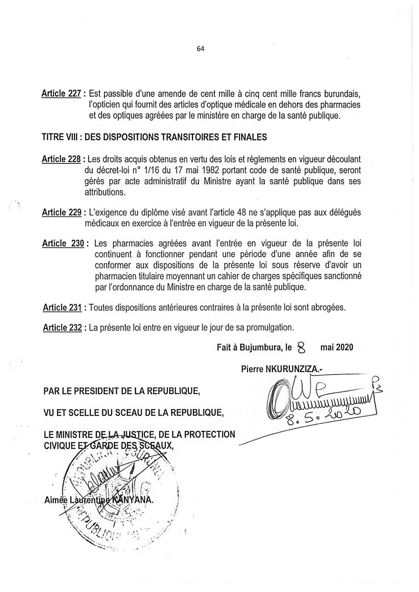 Loi n° 1/11 du 8 mai 2020 — official PDF page 64; original table columns, symbols and diagram connections