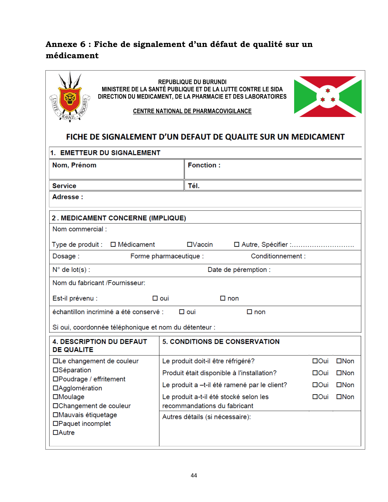 burundi-national-pharmacovigilance-directives-2015 — official PDF page 61; original table columns, symbols and diagram connections