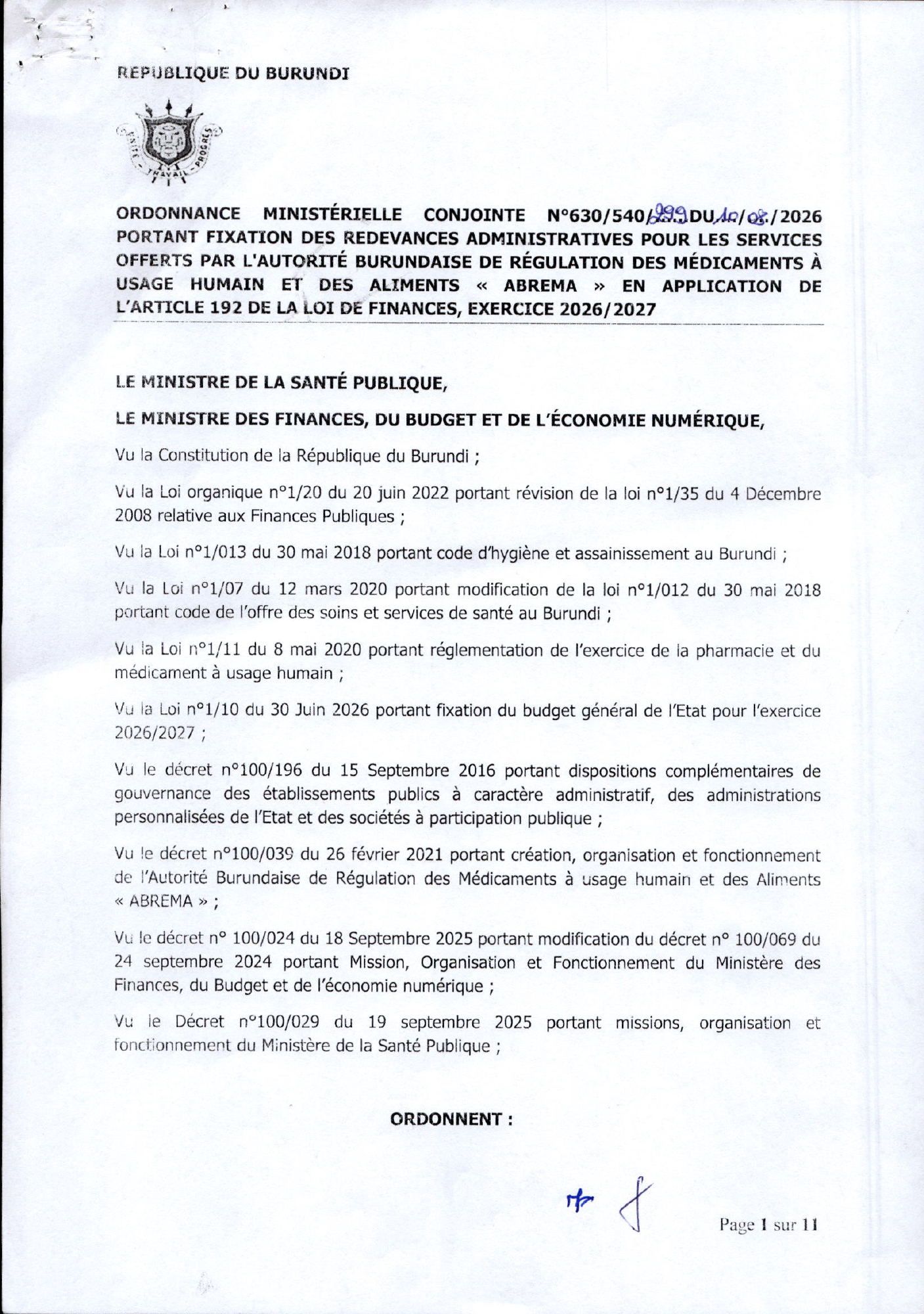 Ordonnance ministérielle conjointe n° 630/540/299 du 10 août 2026 — official PDF page 1; original table columns, symbols and diagram connections