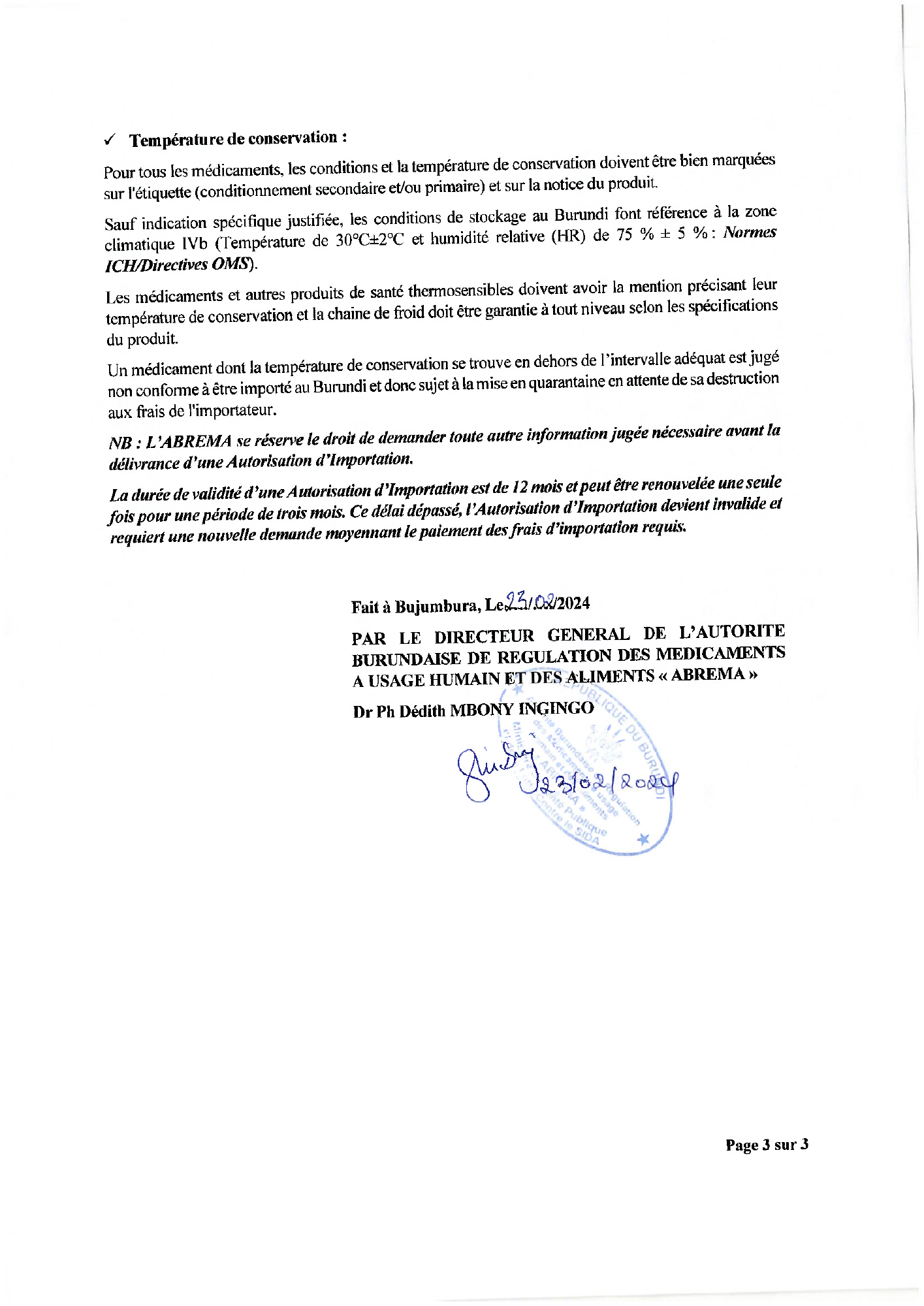 Note n° 630.7/139/ABREMA/2024 du 23 février 2024 — official PDF page 3; original table columns, symbols and diagram connections