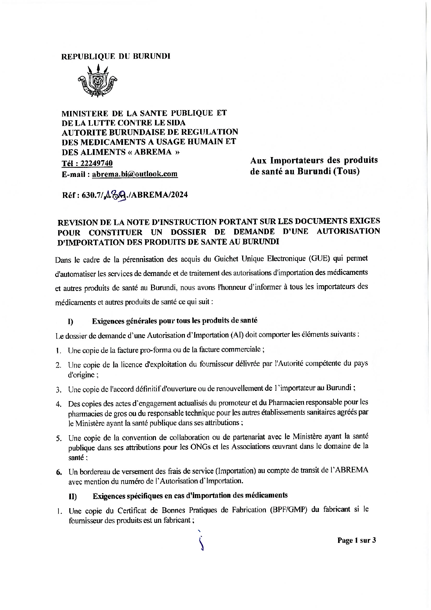 Note n° 630.7/139/ABREMA/2024 du 23 février 2024 — official PDF page 1; original table columns, symbols and diagram connections