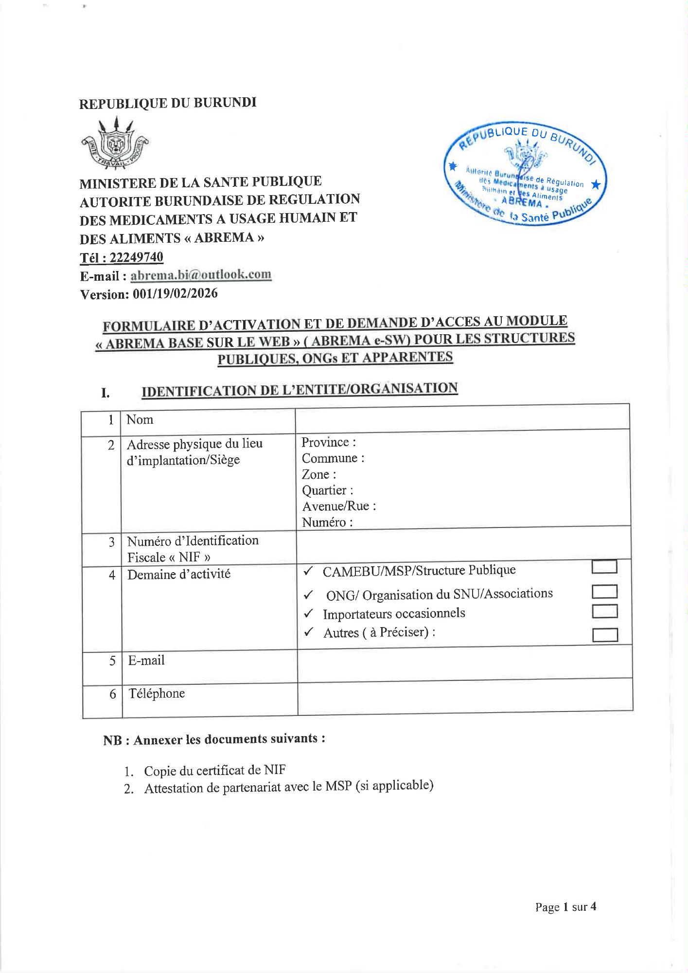 burundi-abrema-web-access-public-ngo-form-2026 — official PDF page 1; original table columns, symbols and diagram connections