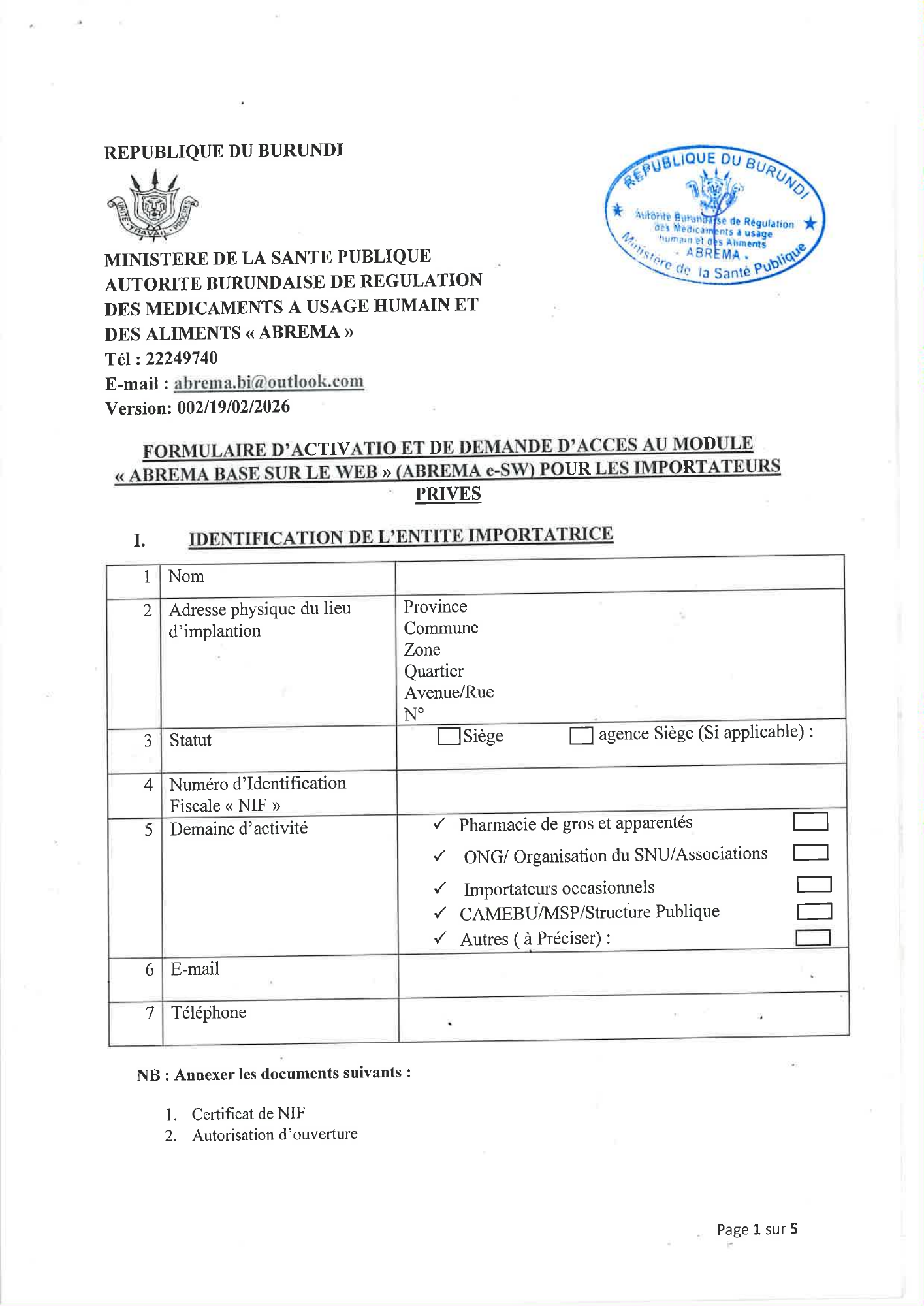 burundi-abrema-web-access-private-importers-form-2026 — official PDF page 1; original table columns, symbols and diagram connections