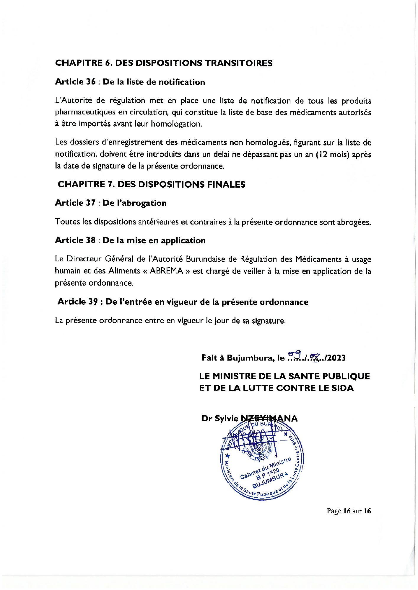 Ordonnance ministérielle n° 630/991 du 9 août 2023 — official PDF page 16; original table columns, symbols and diagram connections