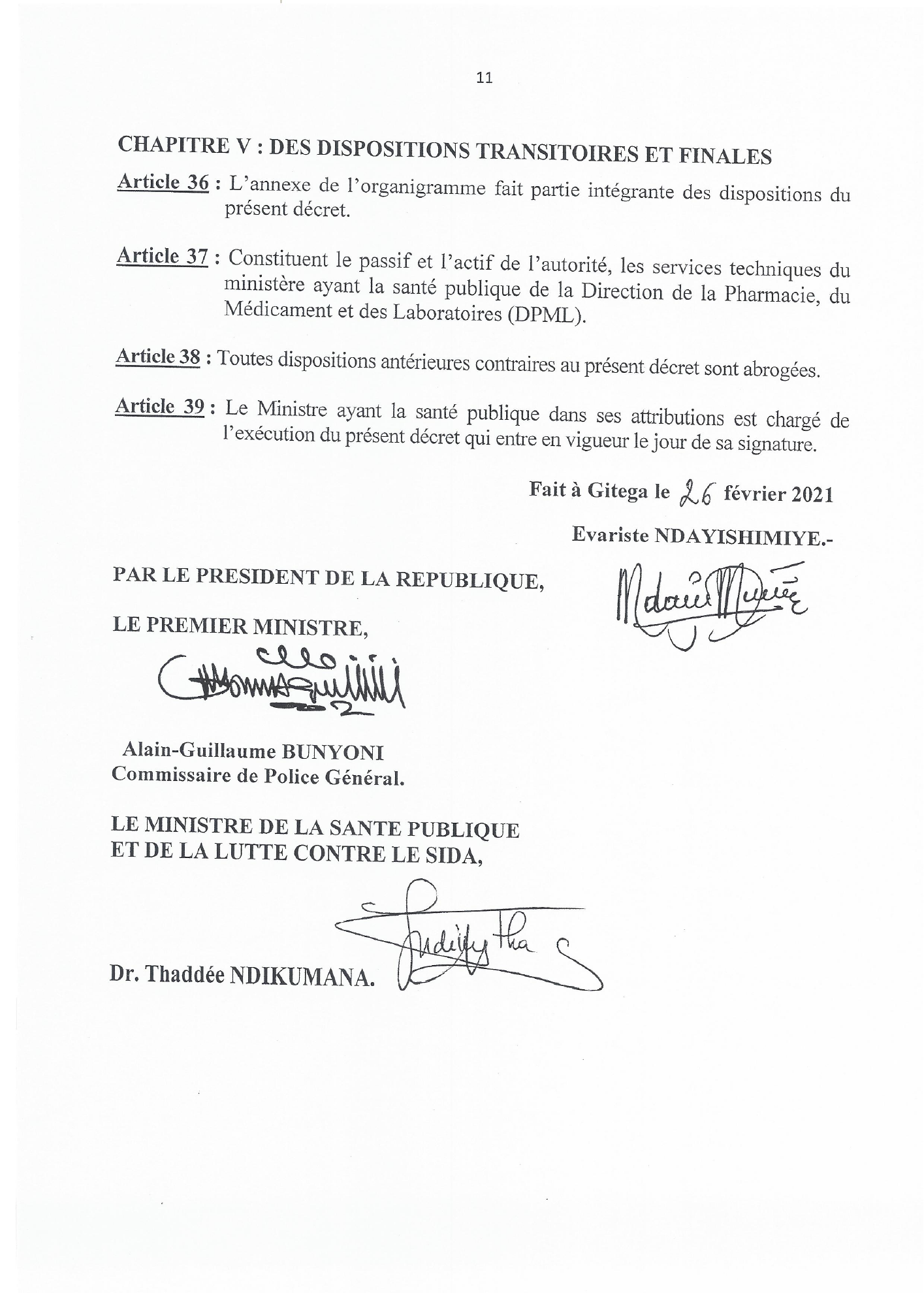 Décret n° 100/039 du 26 février 2021 — official PDF page 11; original table columns, symbols and diagram connections