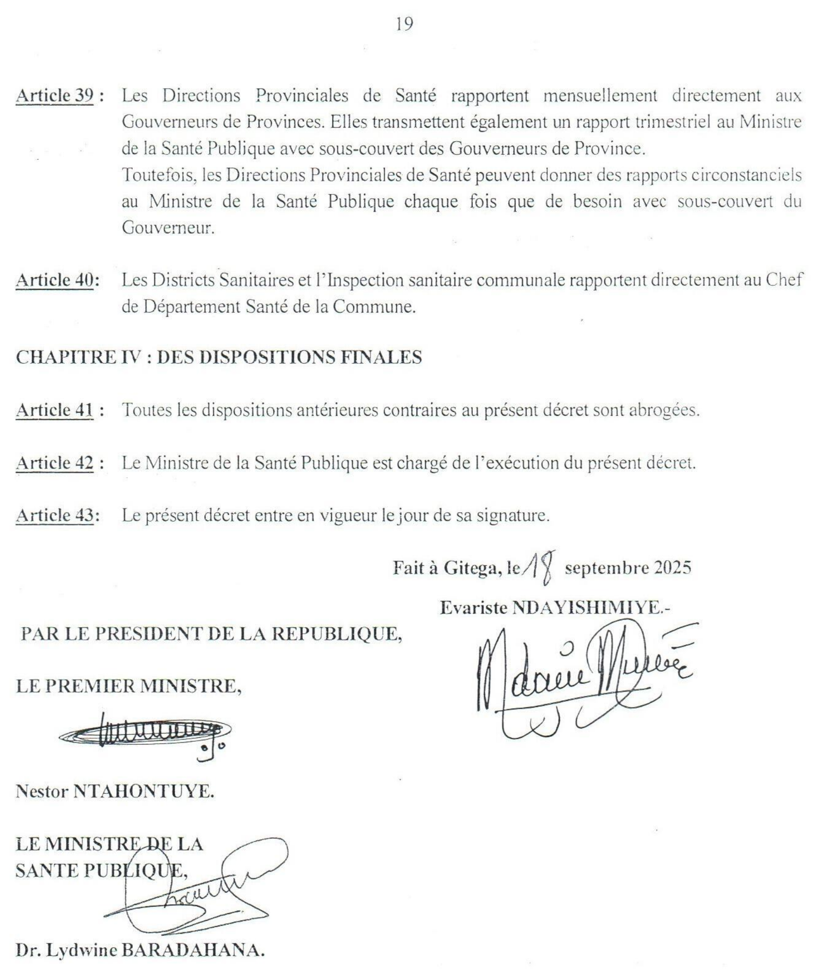 Décret n° 100/029 du 18 septembre 2025 — official PDF page 19; original table columns, symbols and diagram connections