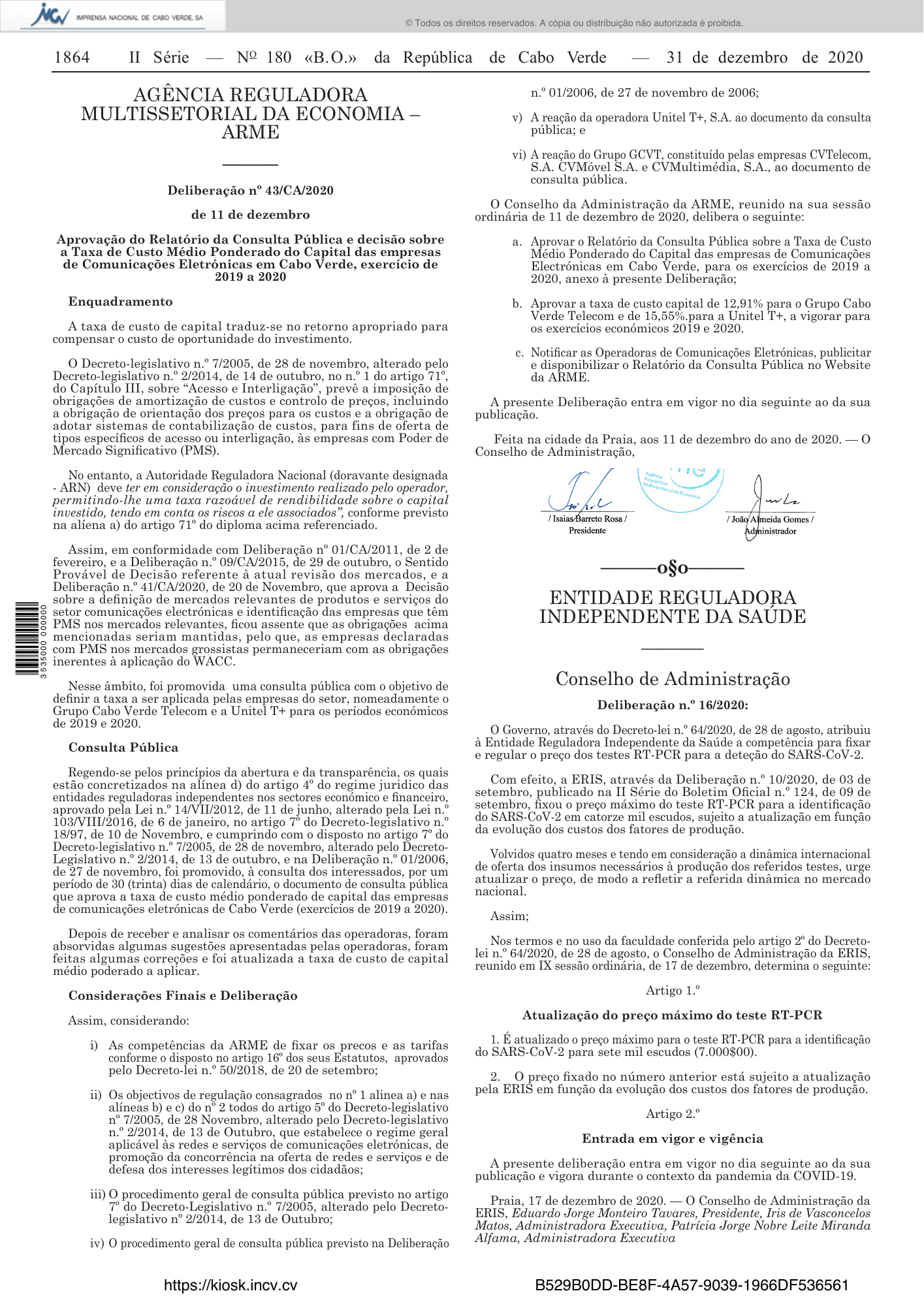Deliberação n.º 16/2020 — official PDF page 10; original table columns, symbols and diagram connections