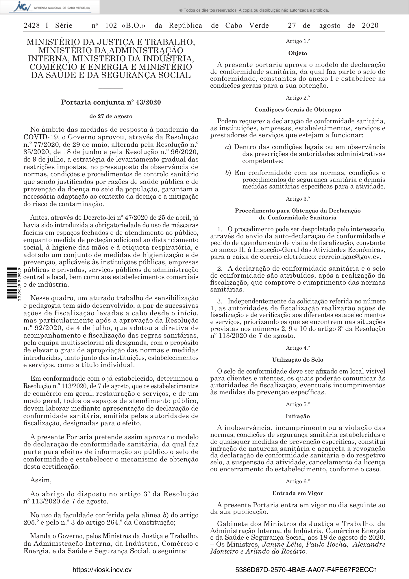Portaria conjunta n.º 43/2020, de 27 de agosto — official PDF page 2; original table columns, symbols and diagram connections