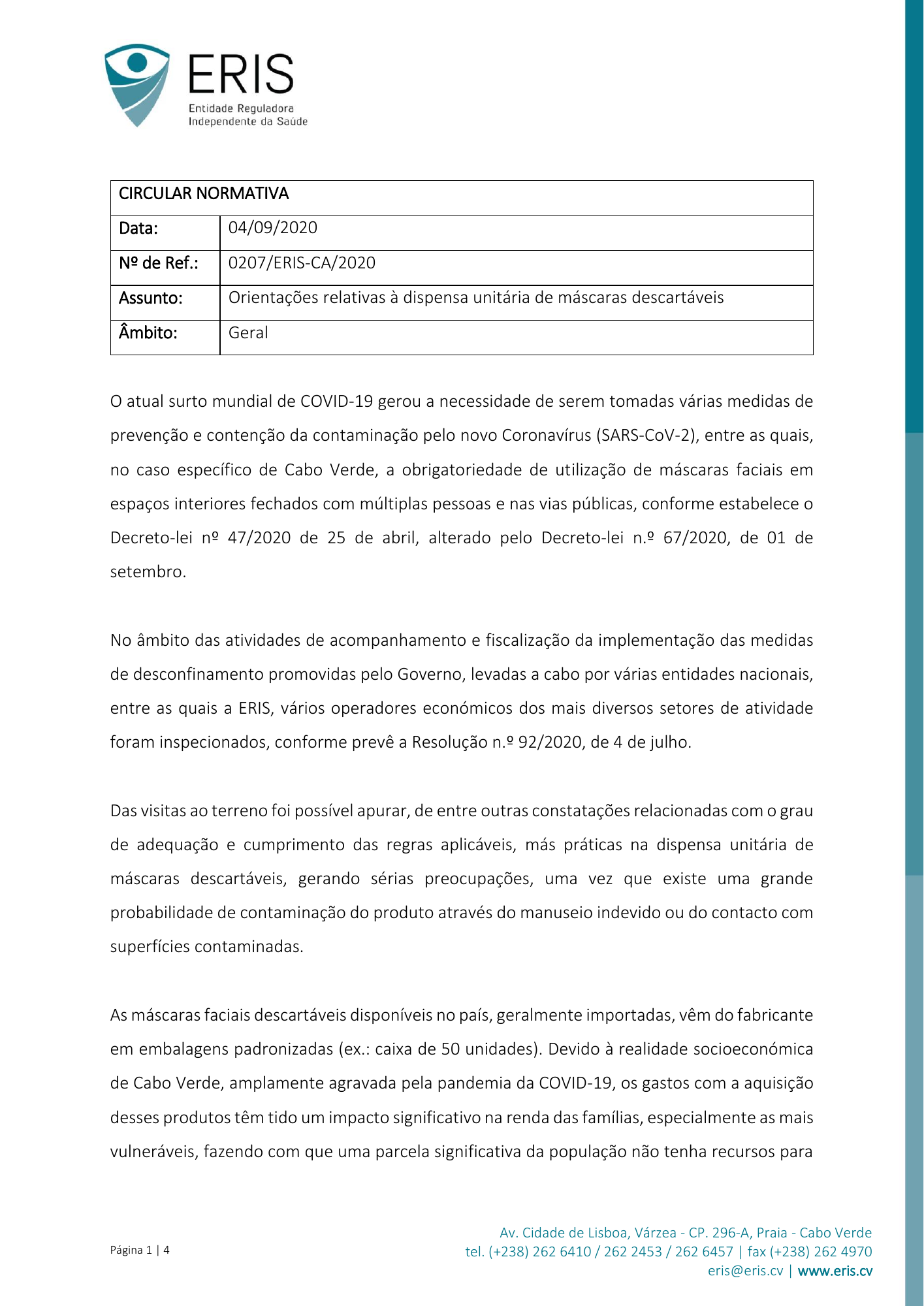 Circular Normativa n.º 0207/ERIS-CA/2020 — official PDF page 1; original table columns, symbols and diagram connections