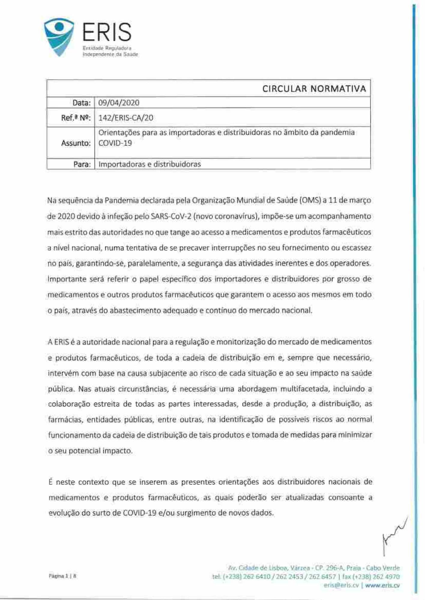 Circular Normativa n.º 142/ERIS-CA/20 — official PDF page 1; original table columns, symbols and diagram connections