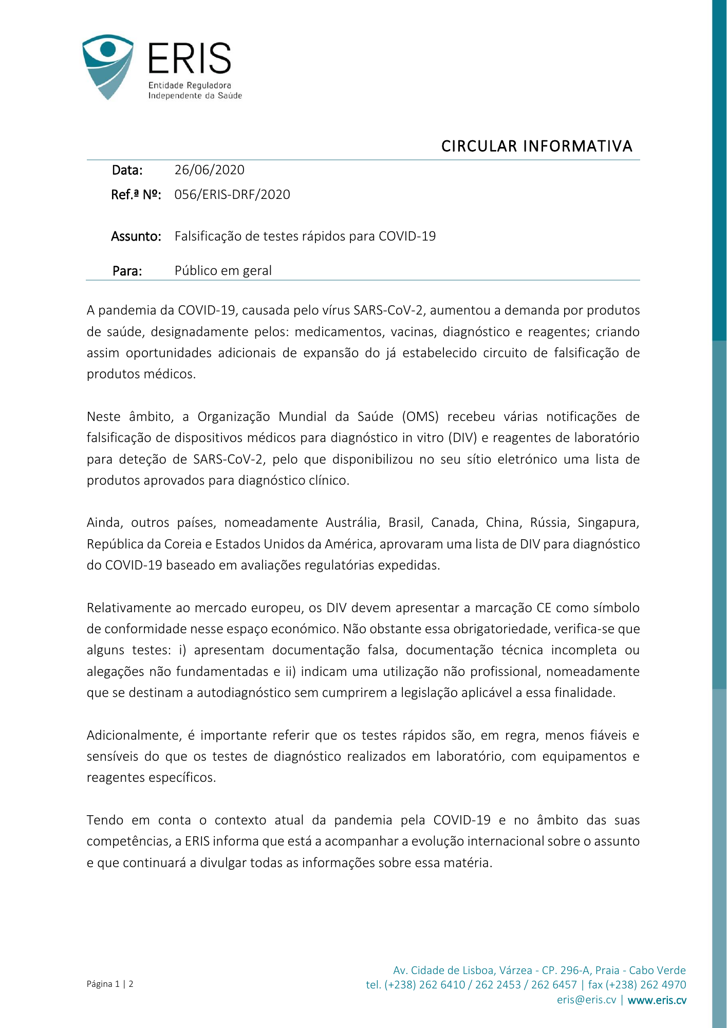 Circular Informativa Ref.ª n.º 056/ERIS-DRF/2020, de 26 de junho — official PDF page 1; original table columns, symbols and diagram connections