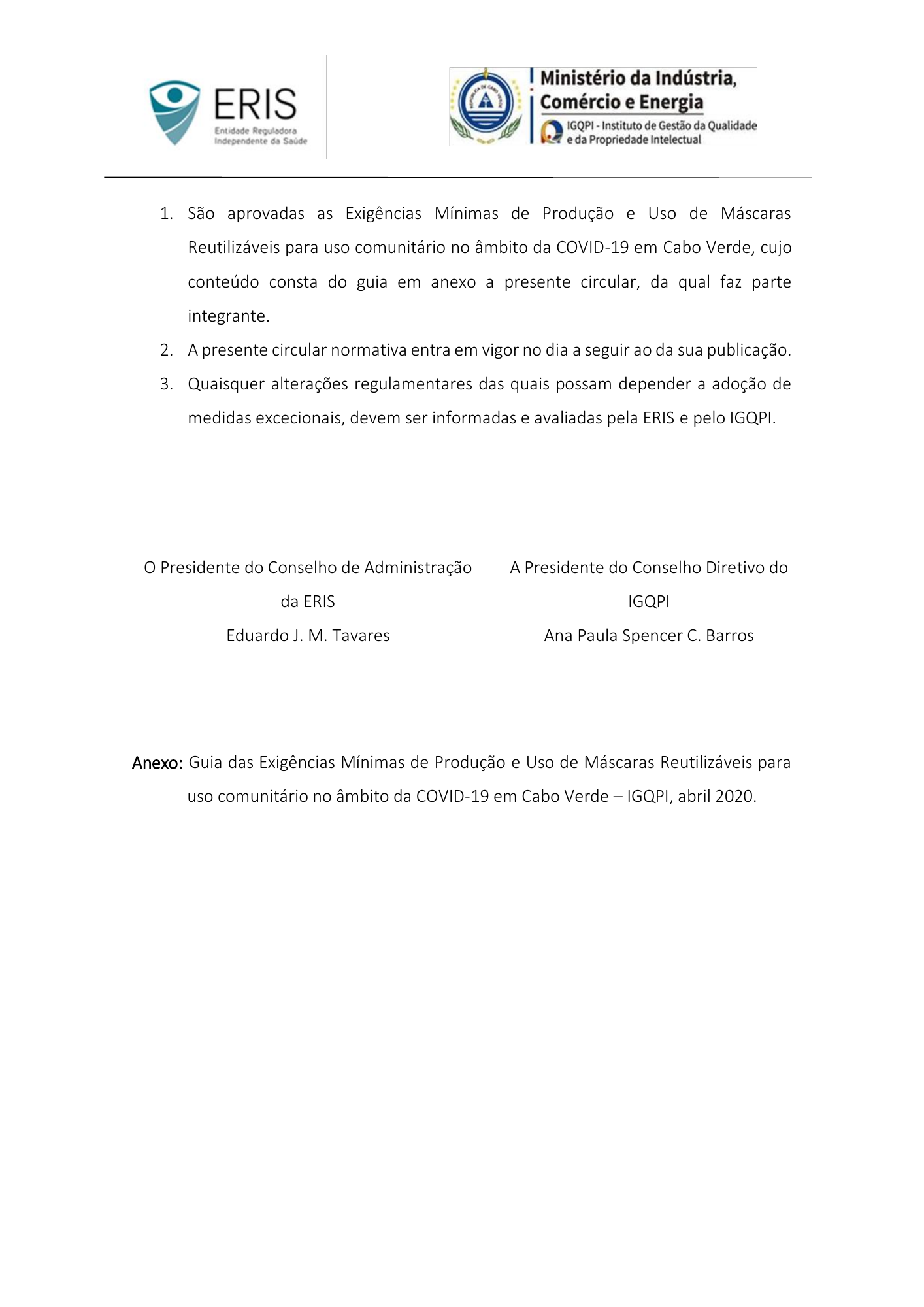 Circular Normativa Conjunta n.º 01/ERIS-IGQPI/2020 — official PDF page 3; original table columns, symbols and diagram connections