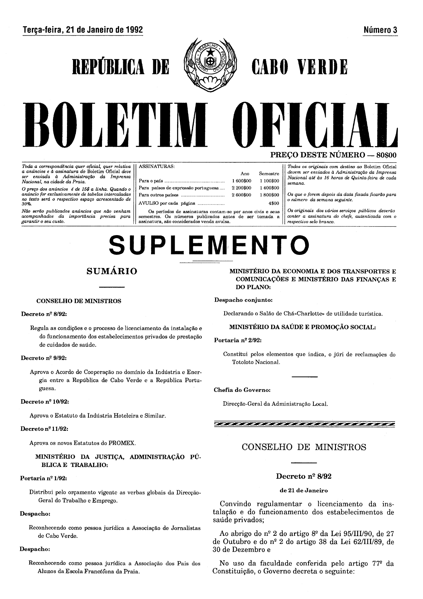 Decreto n.º 8/92, de 21 de Janeiro — official PDF page 1; original table columns, symbols and diagram connections