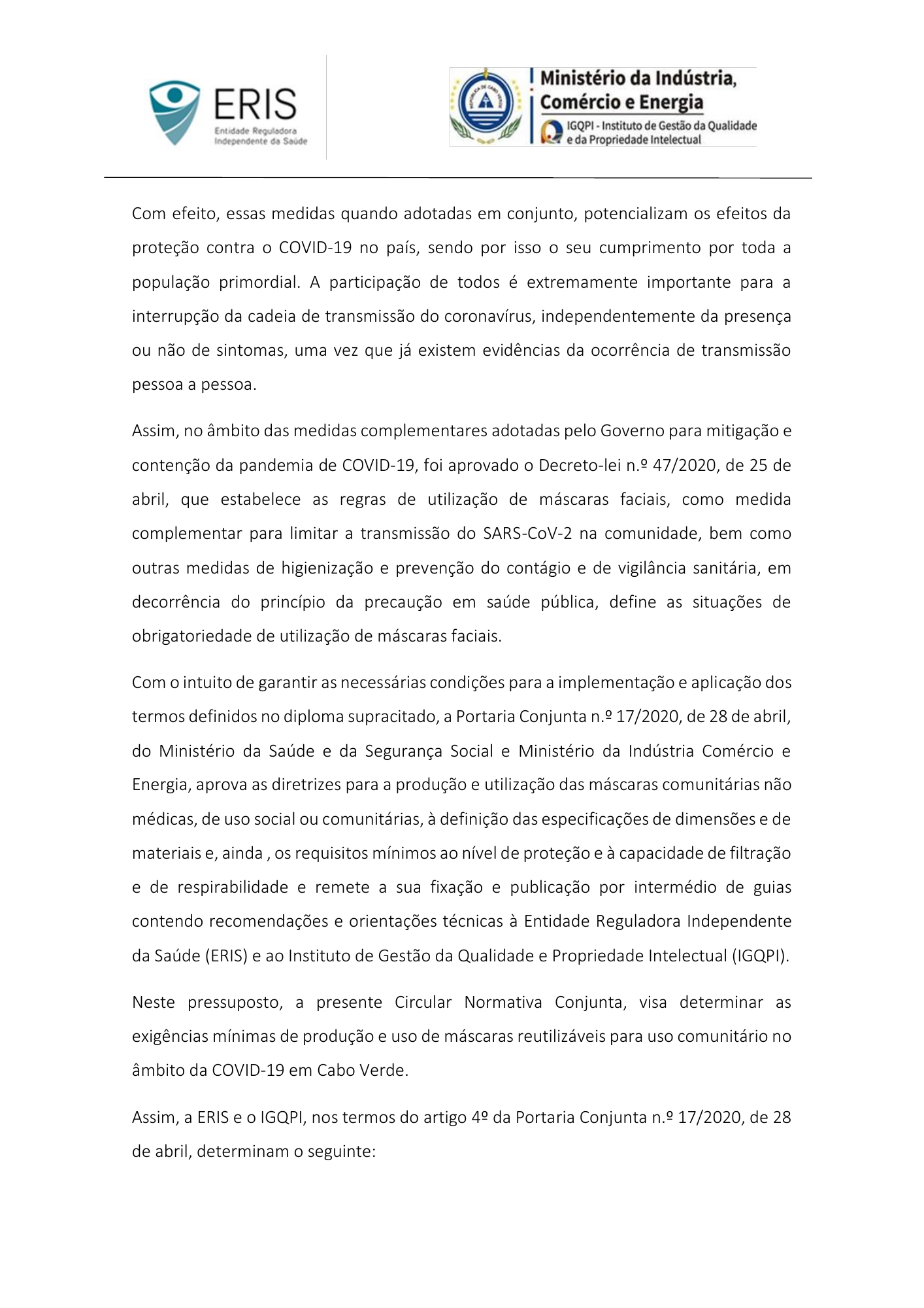 Circular Normativa Conjunta n.º 01/ERIS-IGQPI/2020 — official PDF page 2; original table columns, symbols and diagram connections