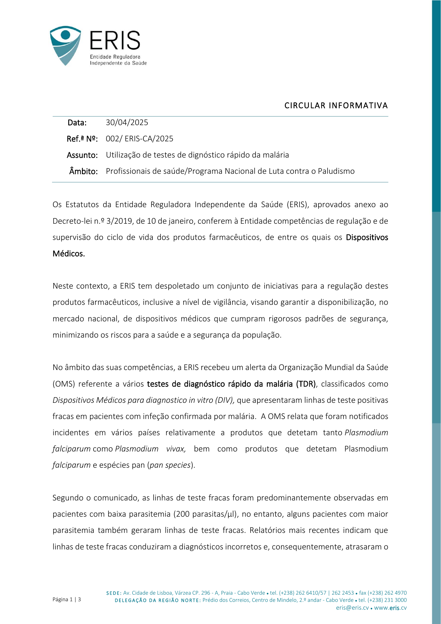 Circular Informativa n.º 002/ERIS-CA/2025 — official PDF page 1; original table columns, symbols and diagram connections