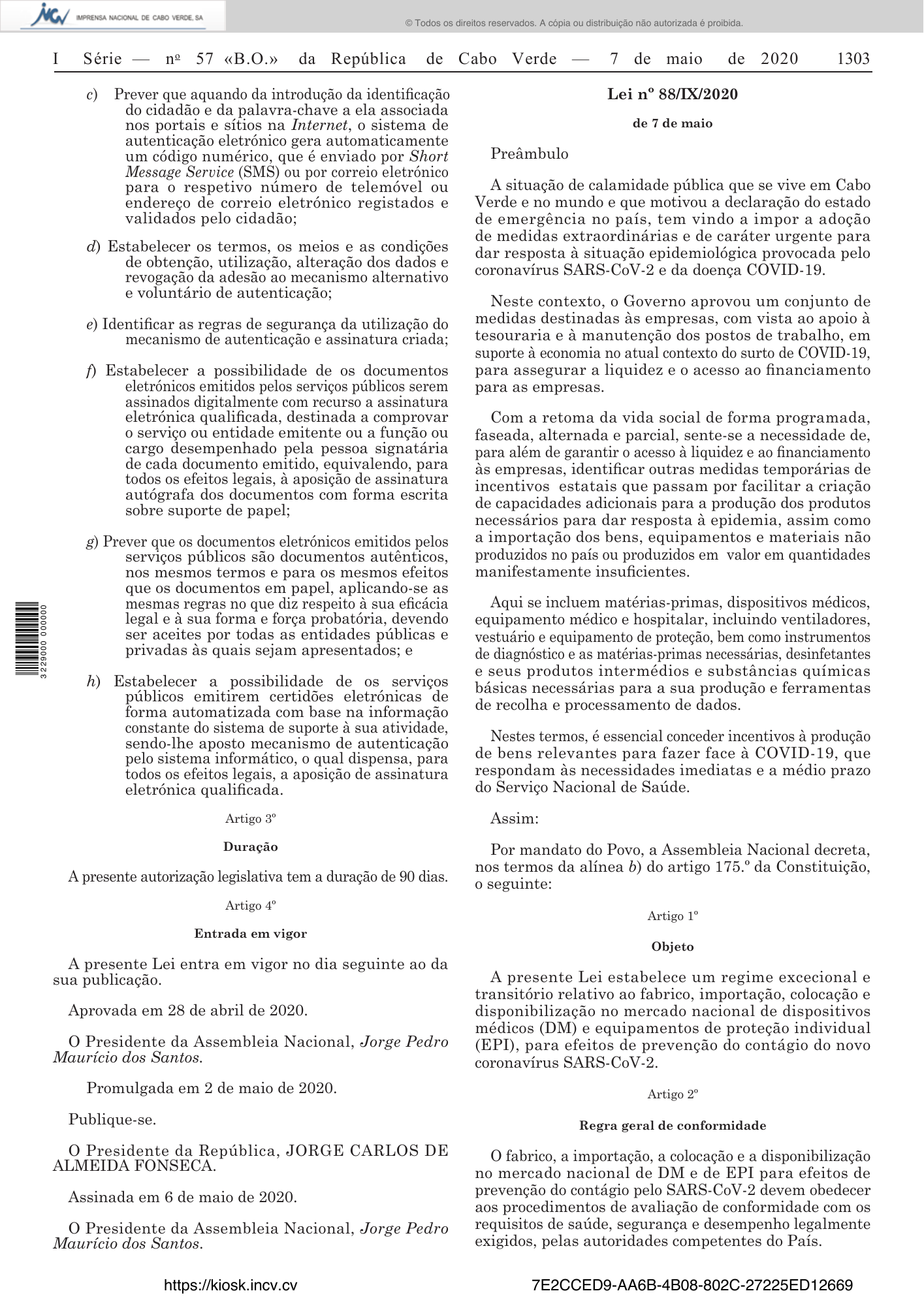 Lei n.º 88/IX/2020, de 7 de maio — official PDF page 3; original table columns, symbols and diagram connections