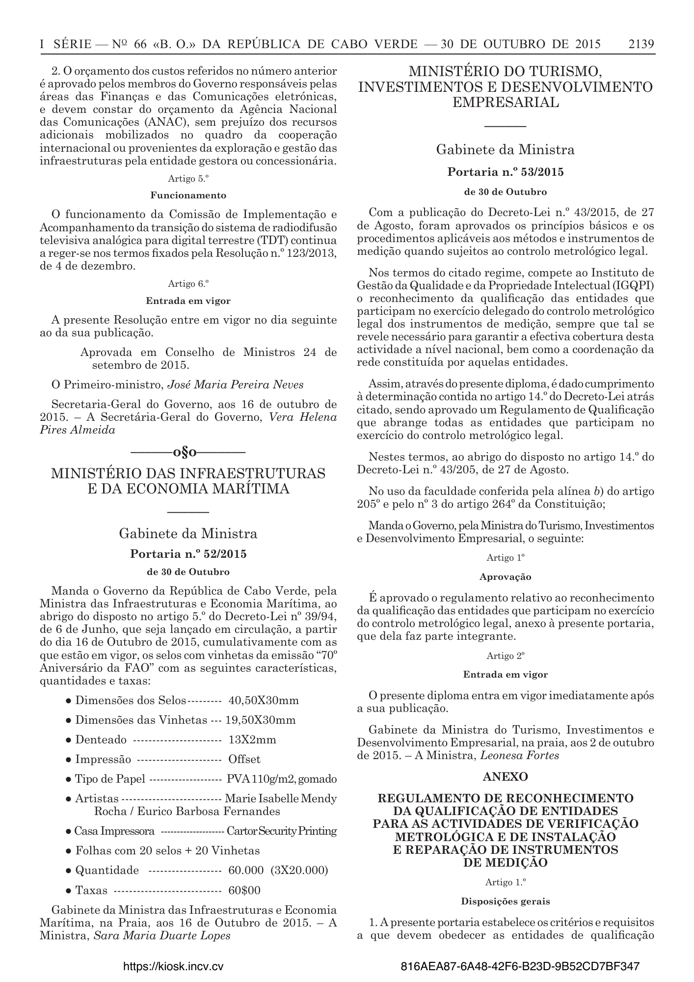 Portaria n.º 53/2015, de 30 de outubro — official PDF page 11; original table columns, symbols and diagram connections