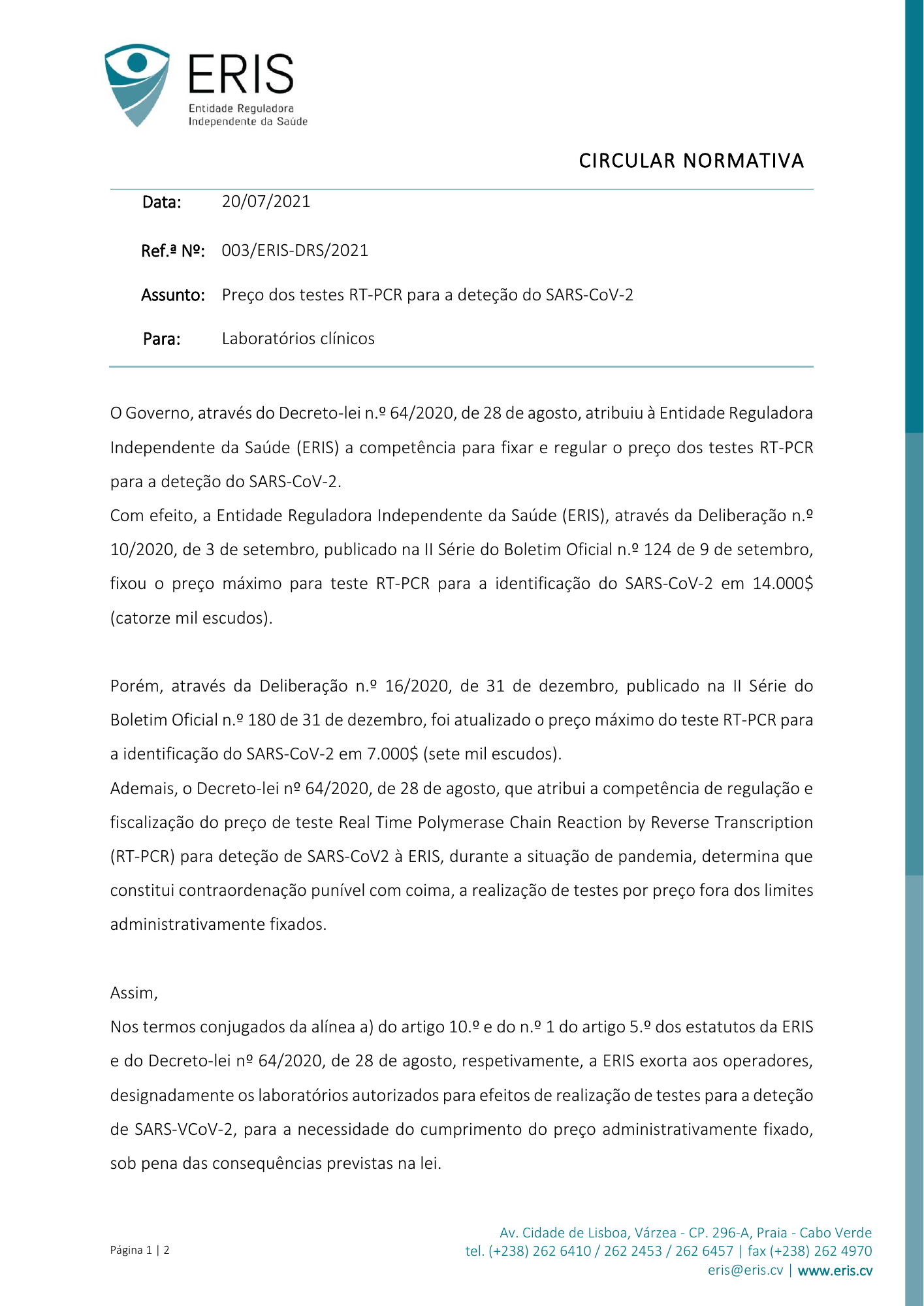 Circular Normativa n.º 003/ERIS-DRS/2021 — official PDF page 1; original table columns, symbols and diagram connections