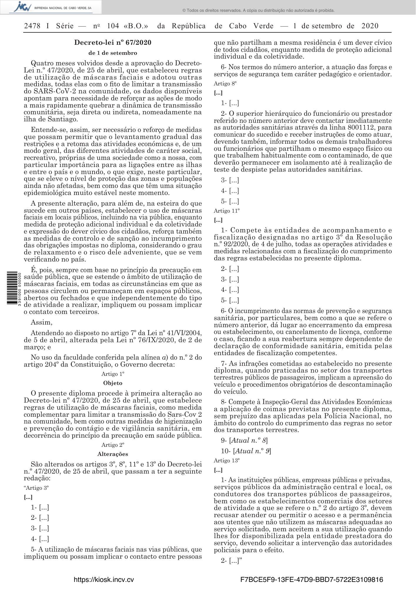 Decreto-lei n.º 67/2020, de 1 de setembro — official PDF page 18; original table columns, symbols and diagram connections
