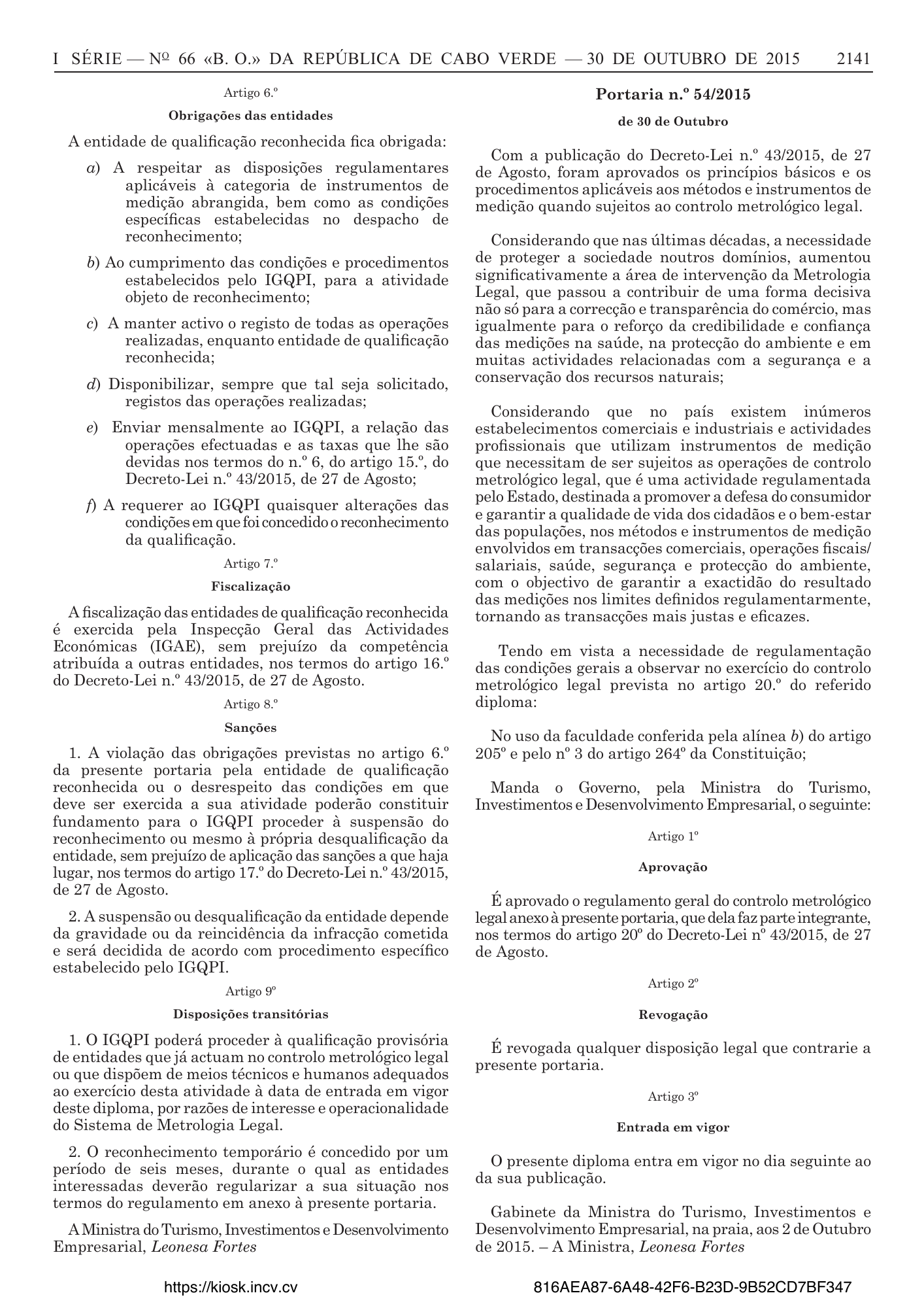 Portaria n.º 54/2015, de 30 de outubro — official PDF page 13; original table columns, symbols and diagram connections