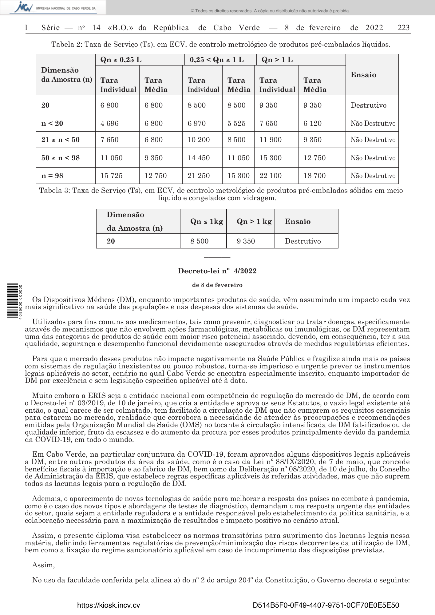 Decreto-lei n° 4/2022, de 8 de fevereiro — official PDF page 13; original table columns, symbols and diagram connections