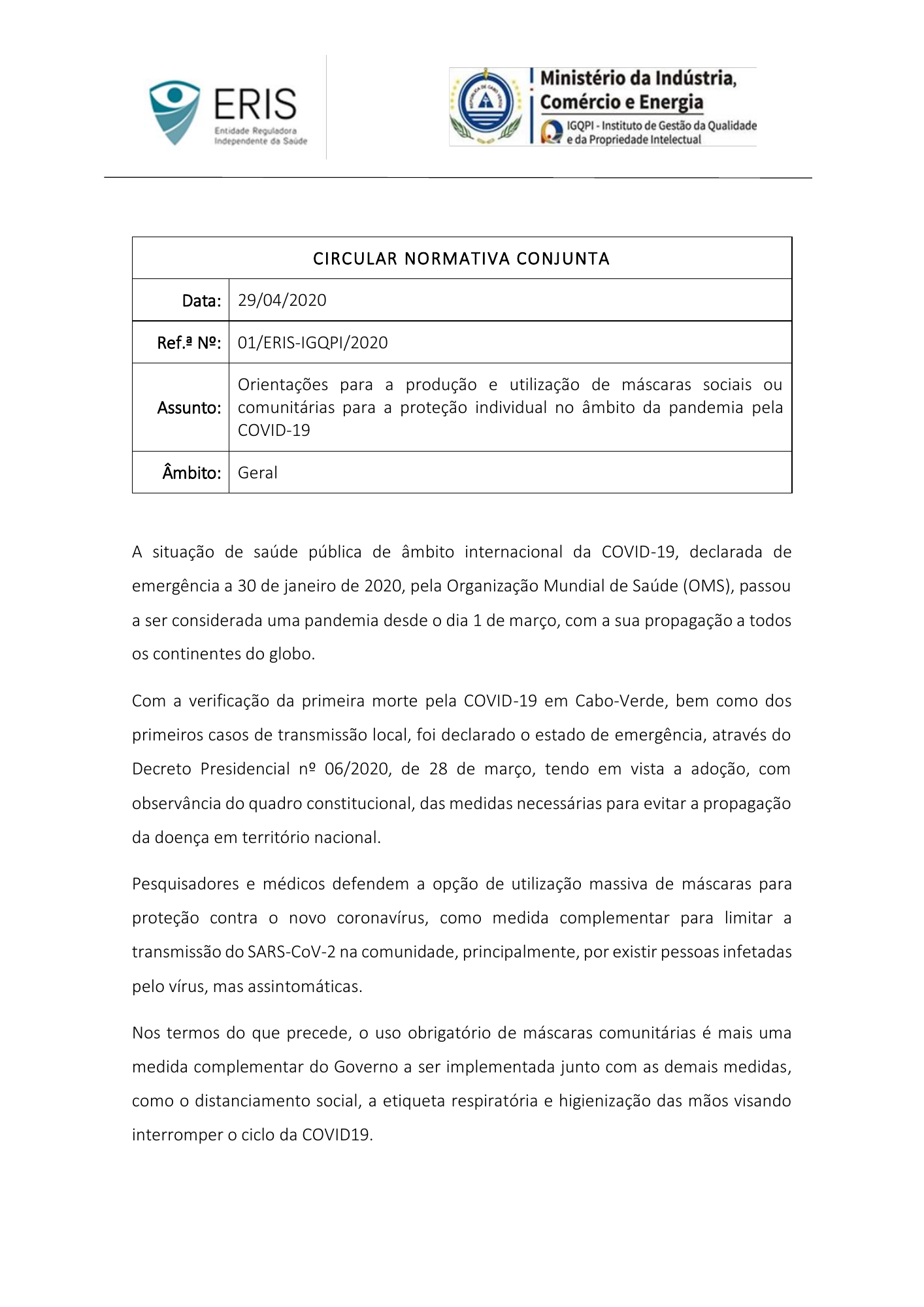 Circular Normativa Conjunta n.º 01/ERIS-IGQPI/2020 — official PDF page 1; original table columns, symbols and diagram connections