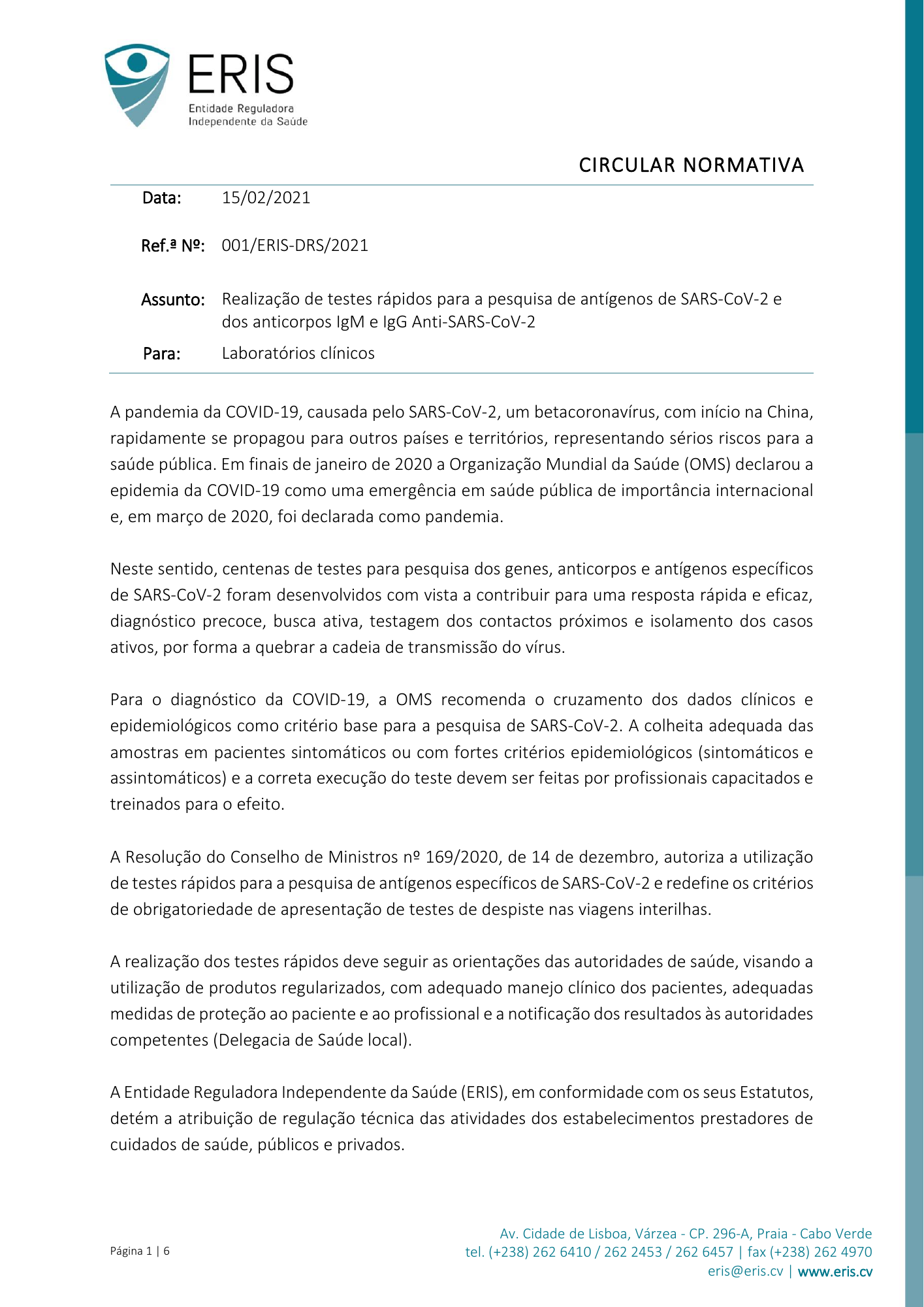 Circular Normativa n.º 001/ERIS-DRS/2021 — official PDF page 1; original table columns, symbols and diagram connections