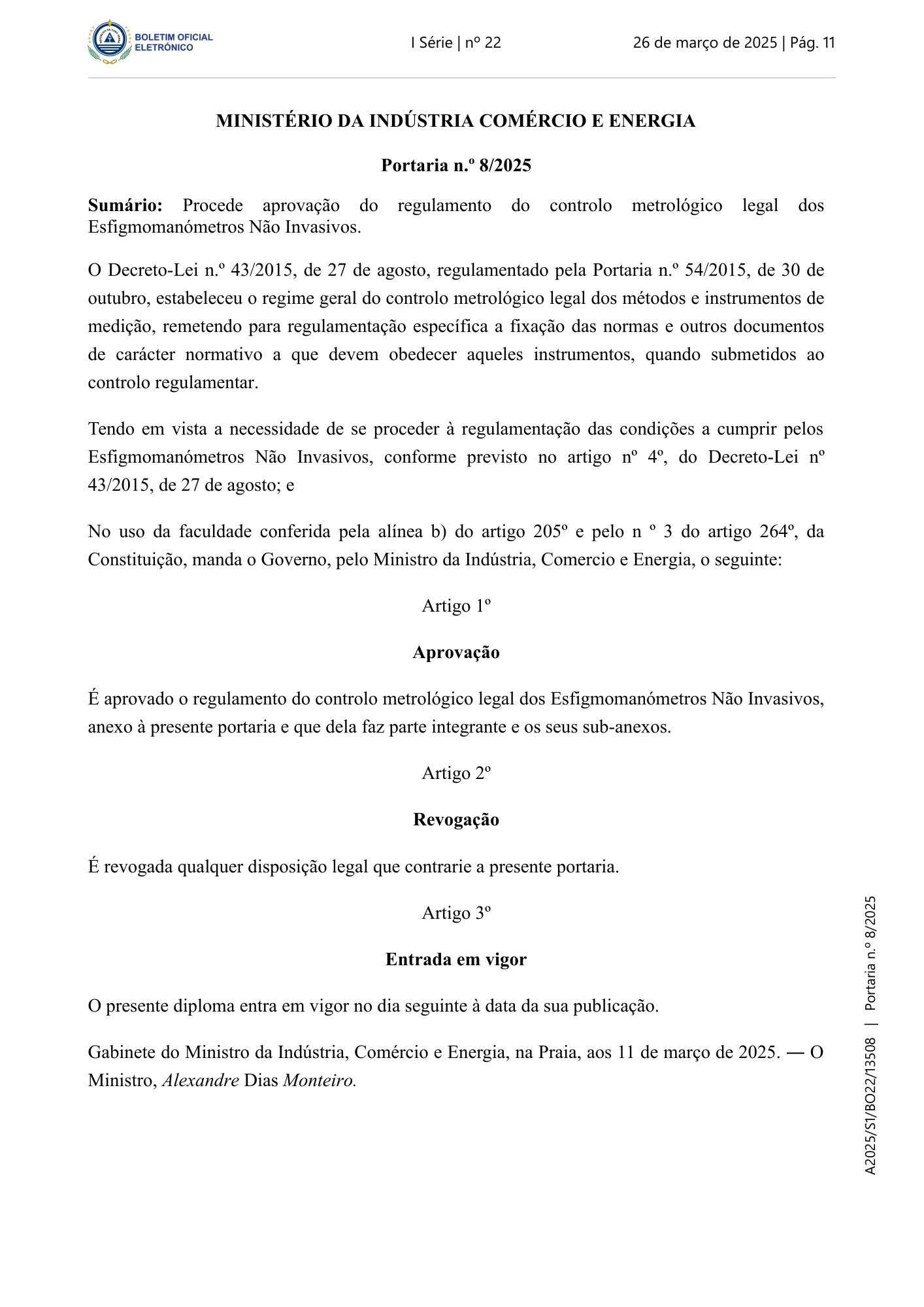 Portaria n.º 8/2025, de 26 de março — official PDF page 1; original table columns, symbols and diagram connections