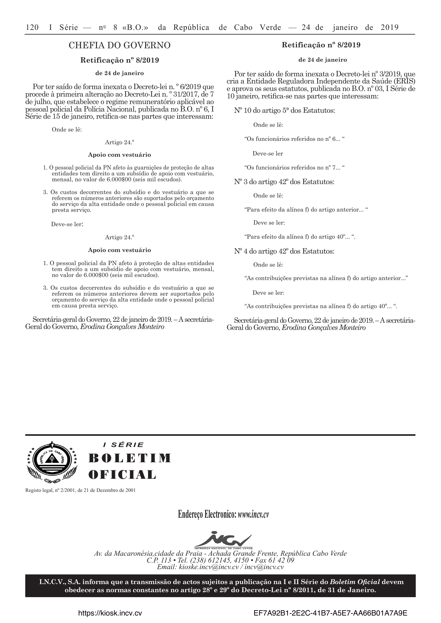 Retificação n.º 9/2019, de 24 de janeiro — official PDF page 10; original table columns, symbols and diagram connections