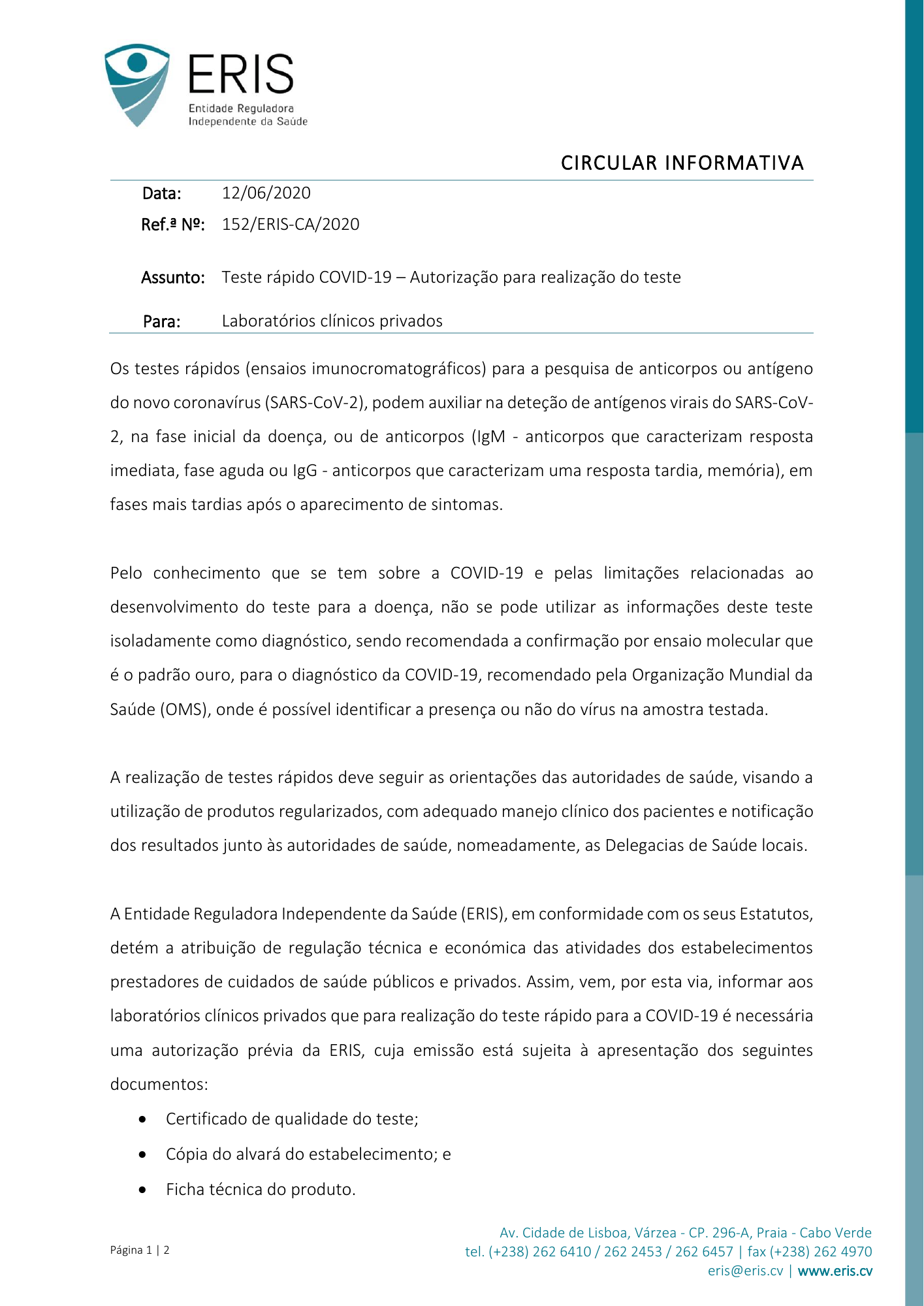 Circular Informativa Ref.ª n.º 152/ERIS-CA/2020, de 12 de junho — official PDF page 1; original table columns, symbols and diagram connections