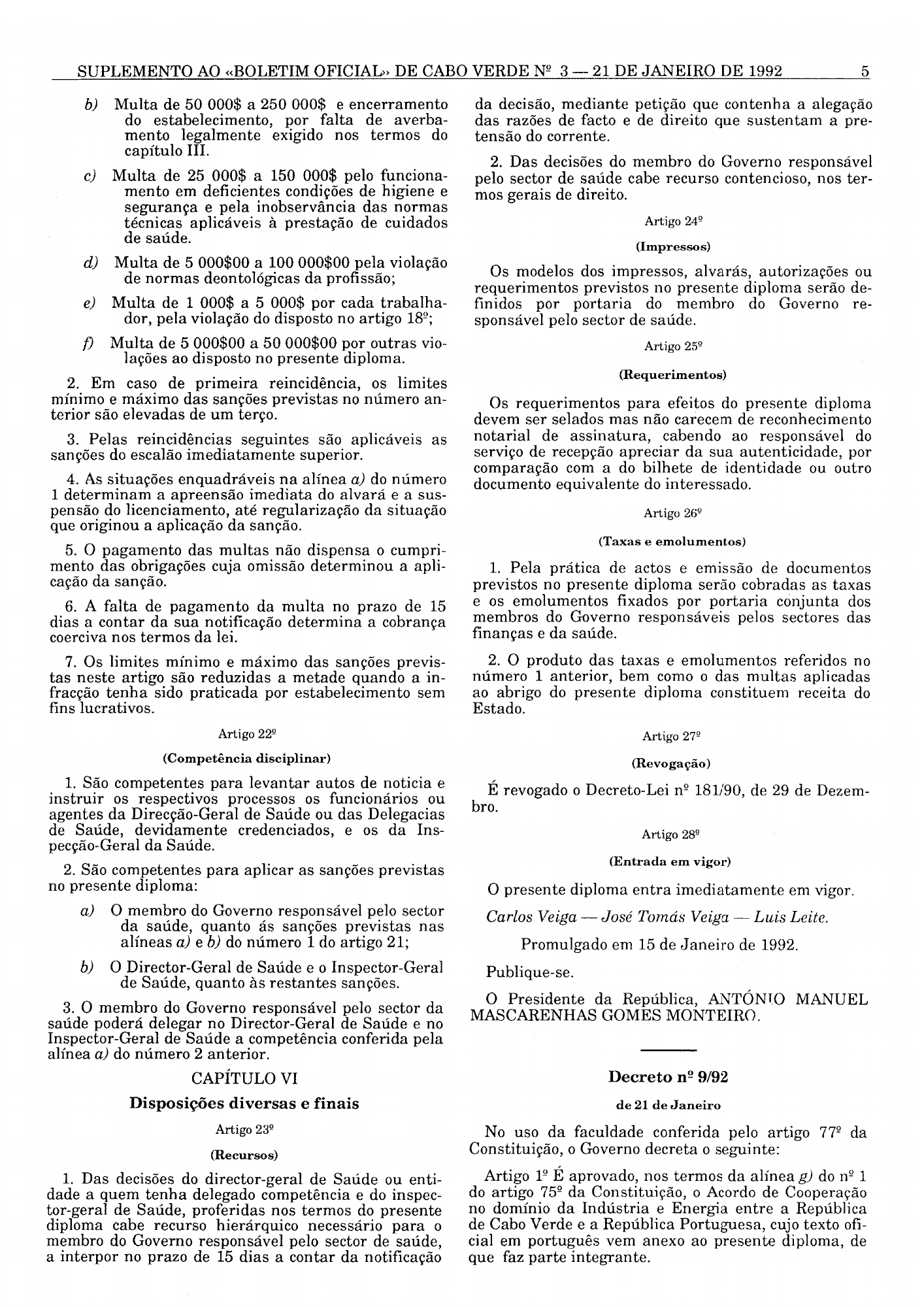 Decreto n.º 8/92, de 21 de Janeiro — official PDF page 5; original table columns, symbols and diagram connections