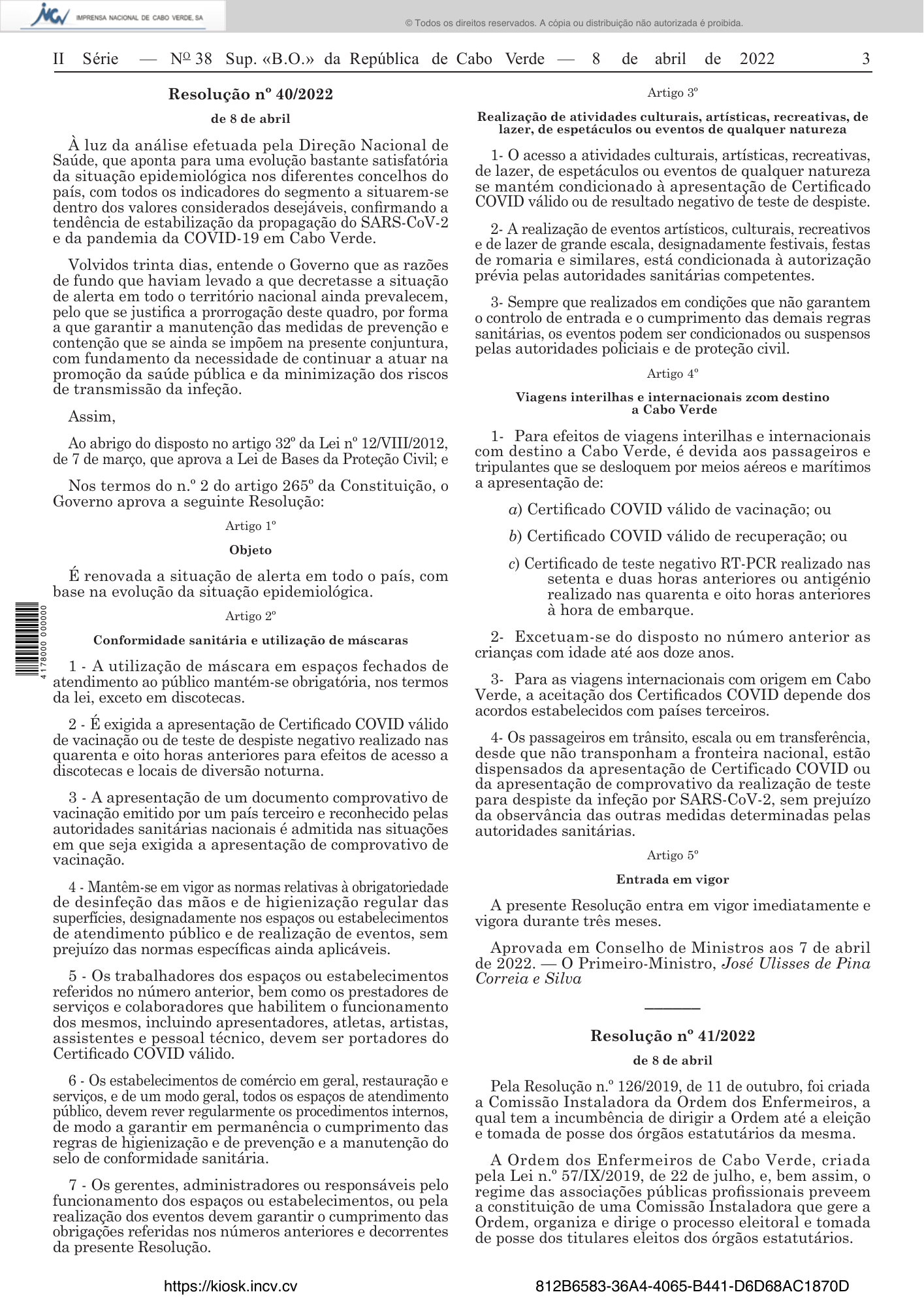 Resolução n.º 40/2022, de 8 de abril — official PDF page 3; original table columns, symbols and diagram connections