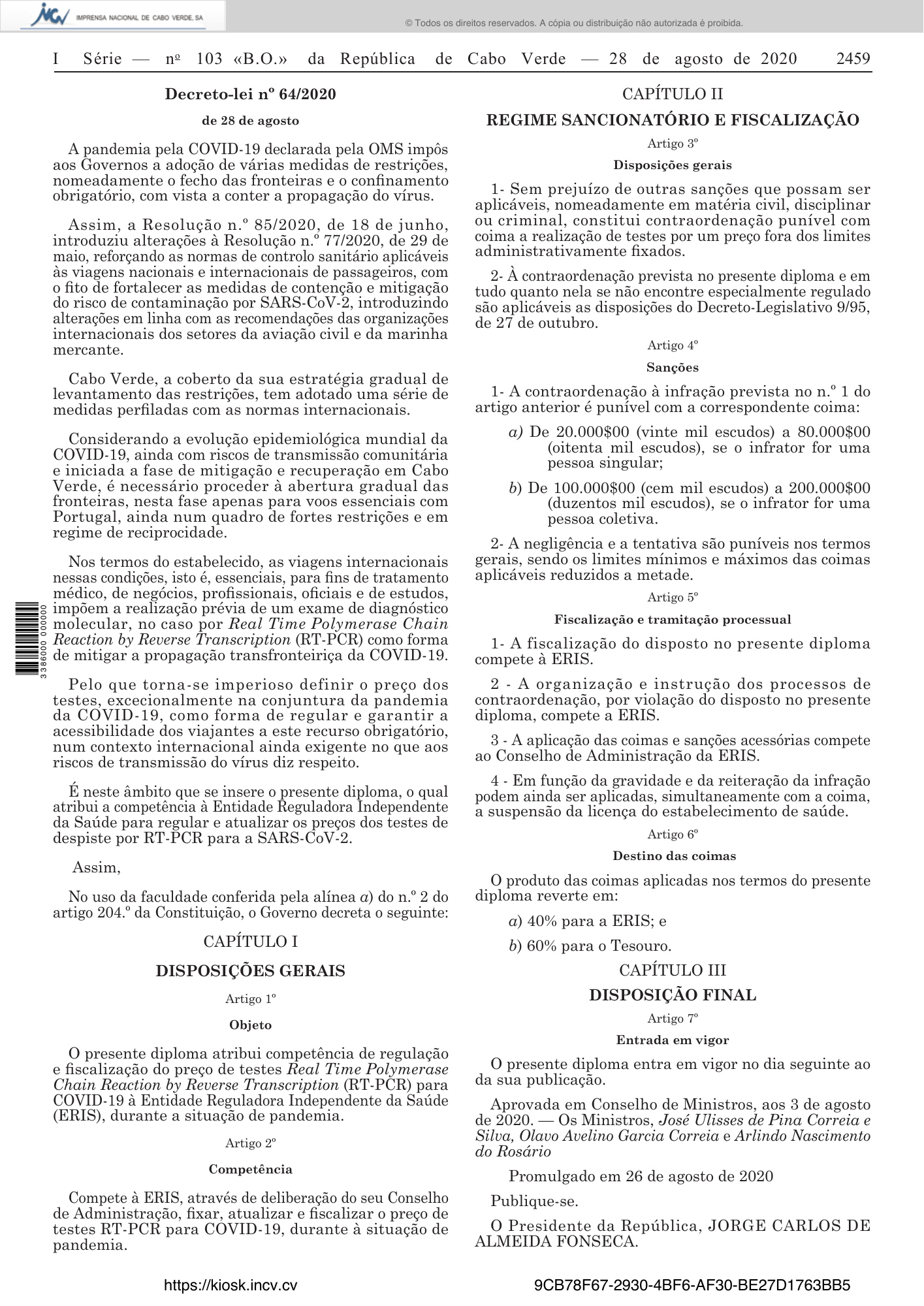 Decreto-lei n.º 64/2020, de 28 de agosto — official PDF page 27; original table columns, symbols and diagram connections