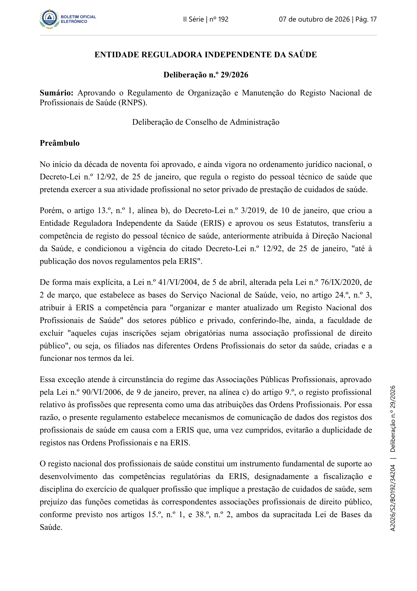 Deliberação n.º 29/2026 — official PDF page 1; original table columns, symbols and diagram connections