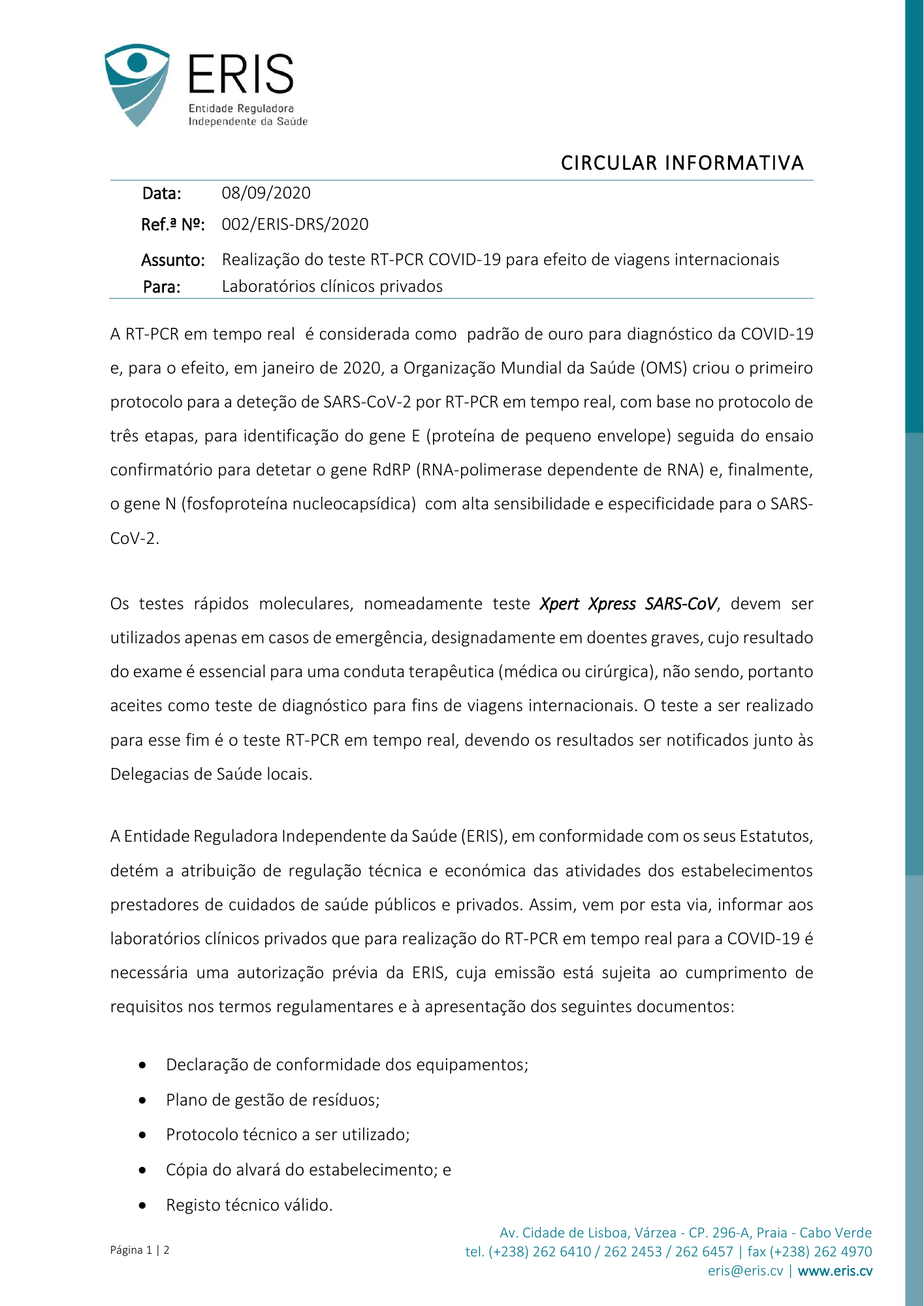 Circular Informativa n.º 002/ERIS-DRS/2020 — official PDF page 1; original table columns, symbols and diagram connections