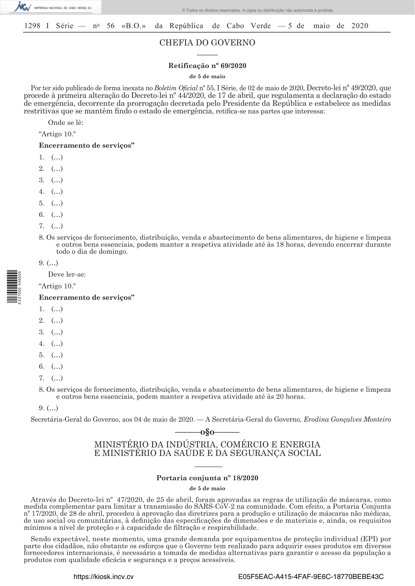 Portaria conjunta n.º 18/2020, de 5 de maio — official PDF page 2; original table columns, symbols and diagram connections