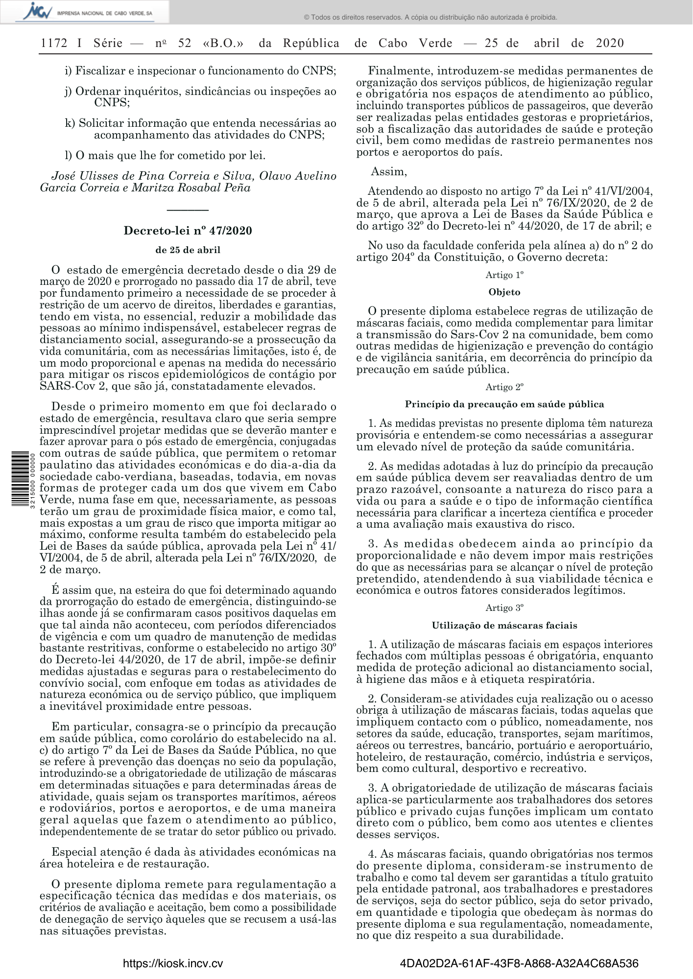 Decreto-lei n.º 47/2020, de 25 de abril — official PDF page 8; original table columns, symbols and diagram connections