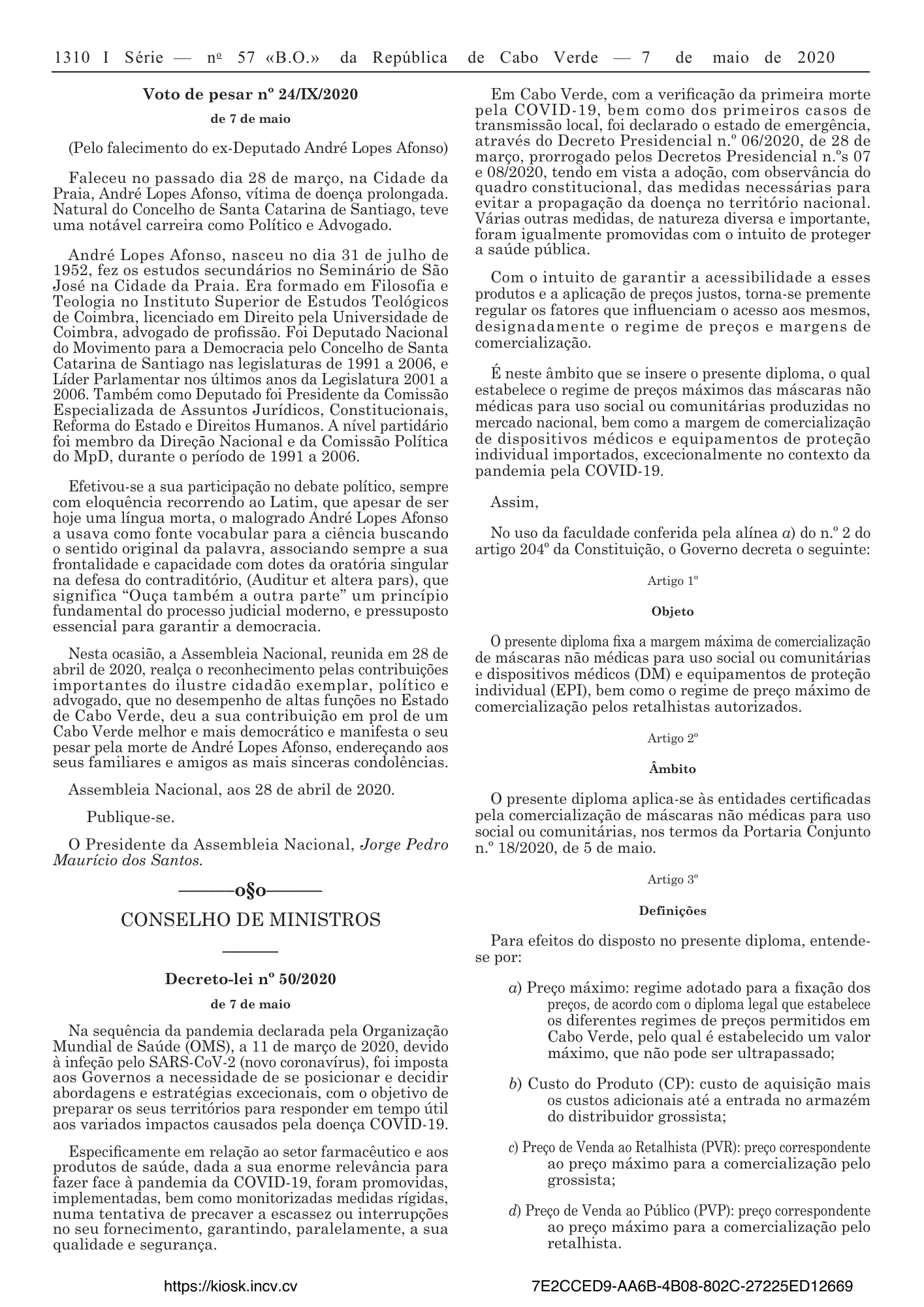 Decreto-lei n.º 50/2020, de 7 de maio — official PDF page 10; original table columns, symbols and diagram connections