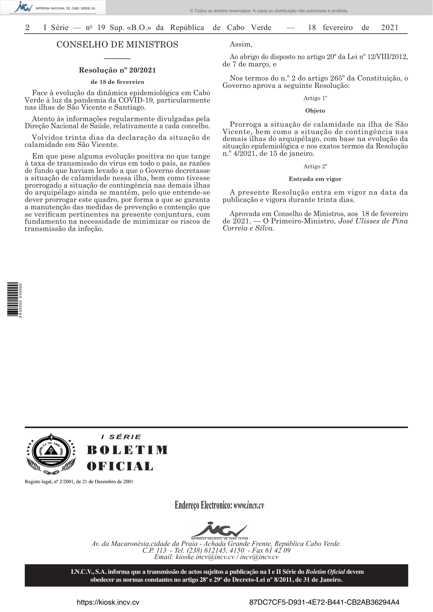 Resolução n.º 20/2021, de 18 de fevereiro — official PDF page 2; original table columns, symbols and diagram connections