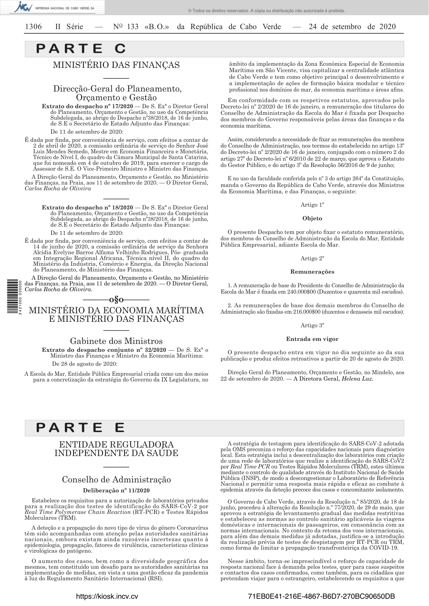 Deliberação n.º 11/2020 — official PDF page 2; original table columns, symbols and diagram connections