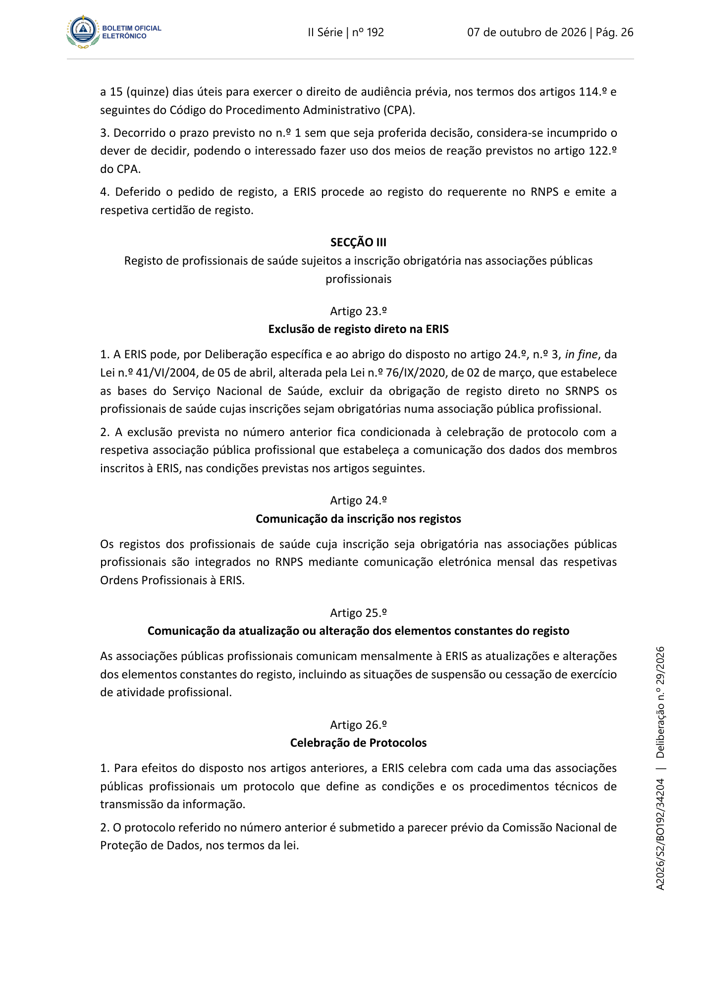 Deliberação n.º 29/2026 — official PDF page 10; original table columns, symbols and diagram connections