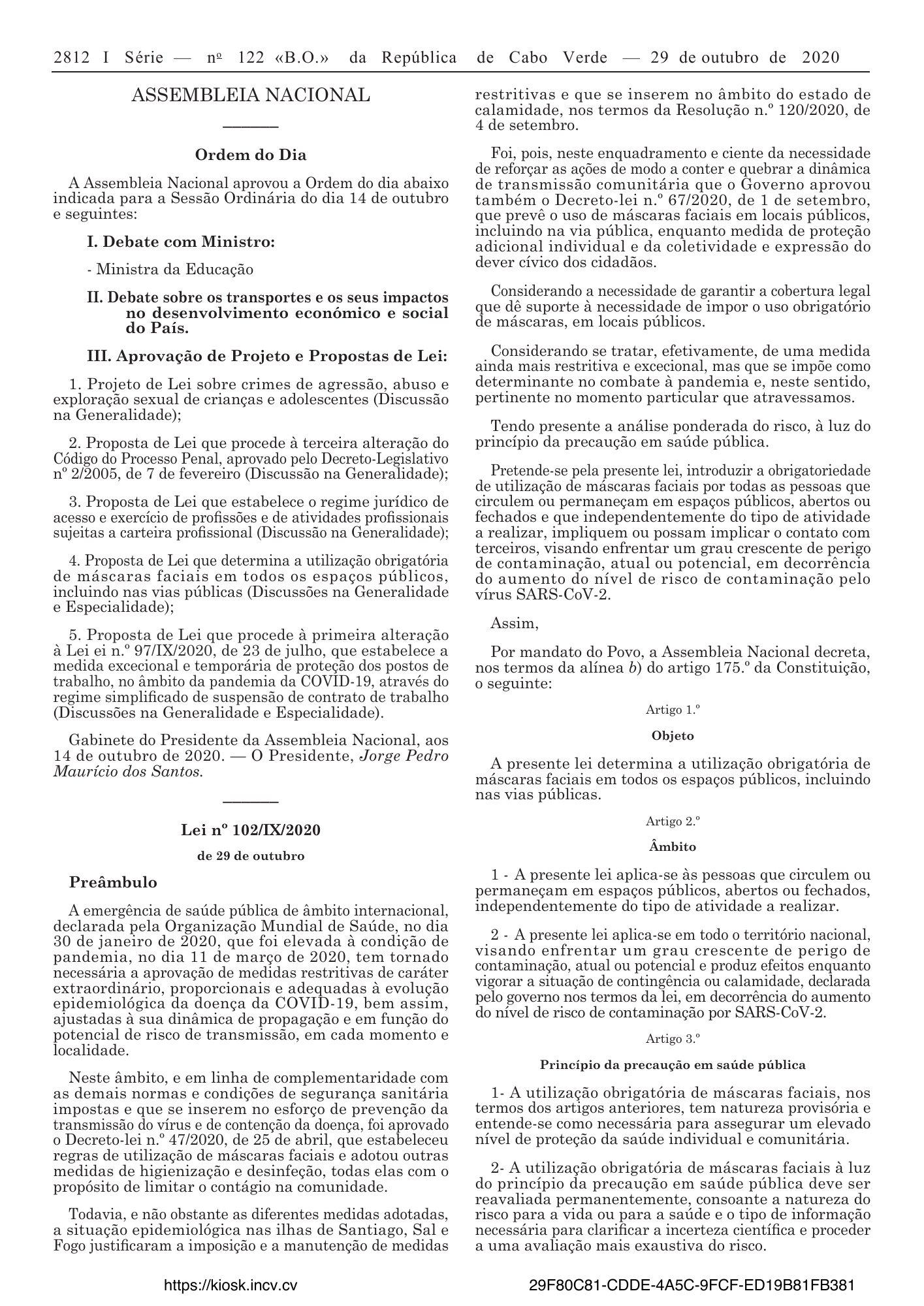 Lei n.º 102/IX/2020, de 29 de outubro — official PDF page 2; original table columns, symbols and diagram connections