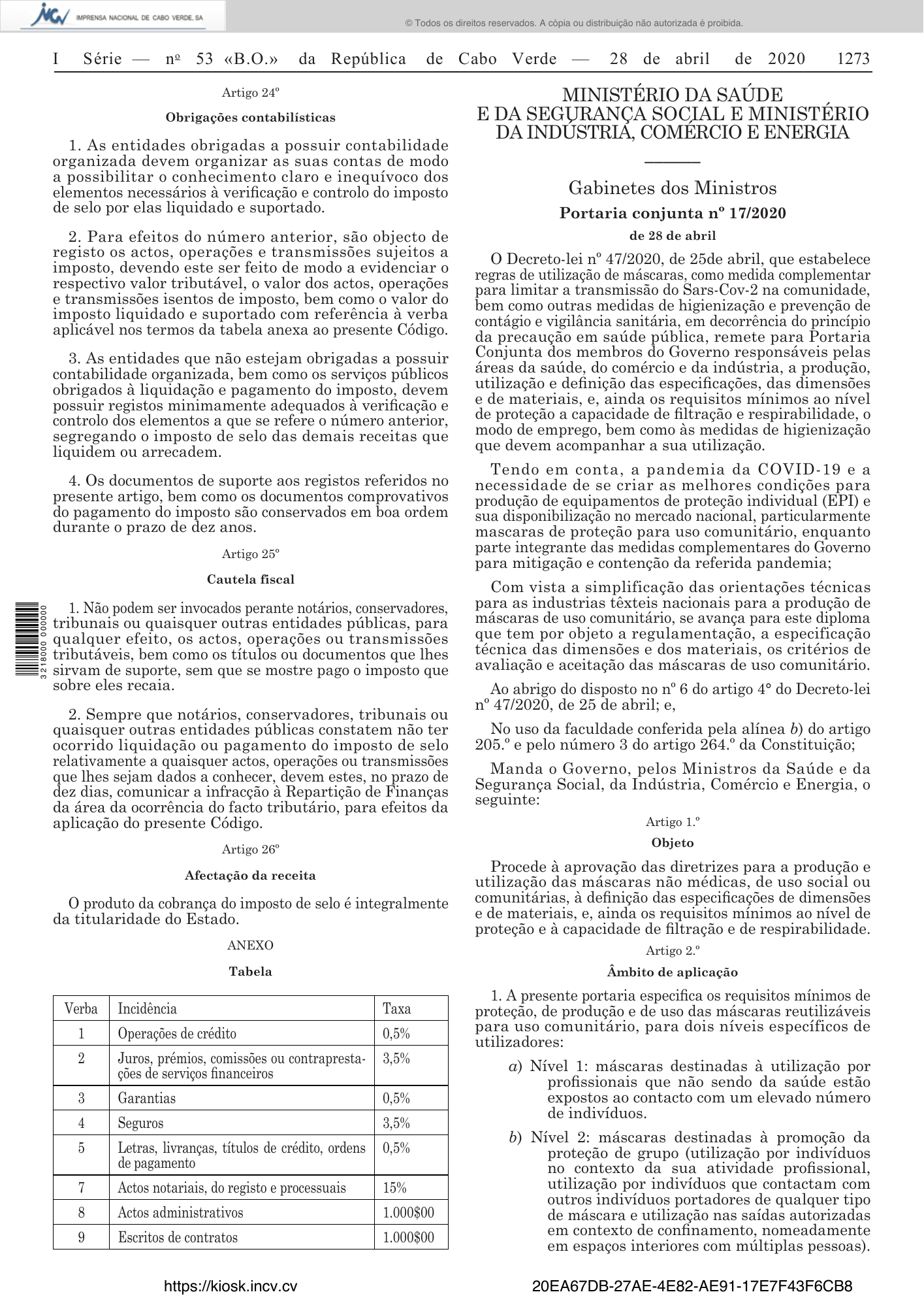 Portaria conjunta n.º 17/2020, de 28 de abril — official PDF page 2; original table columns, symbols and diagram connections