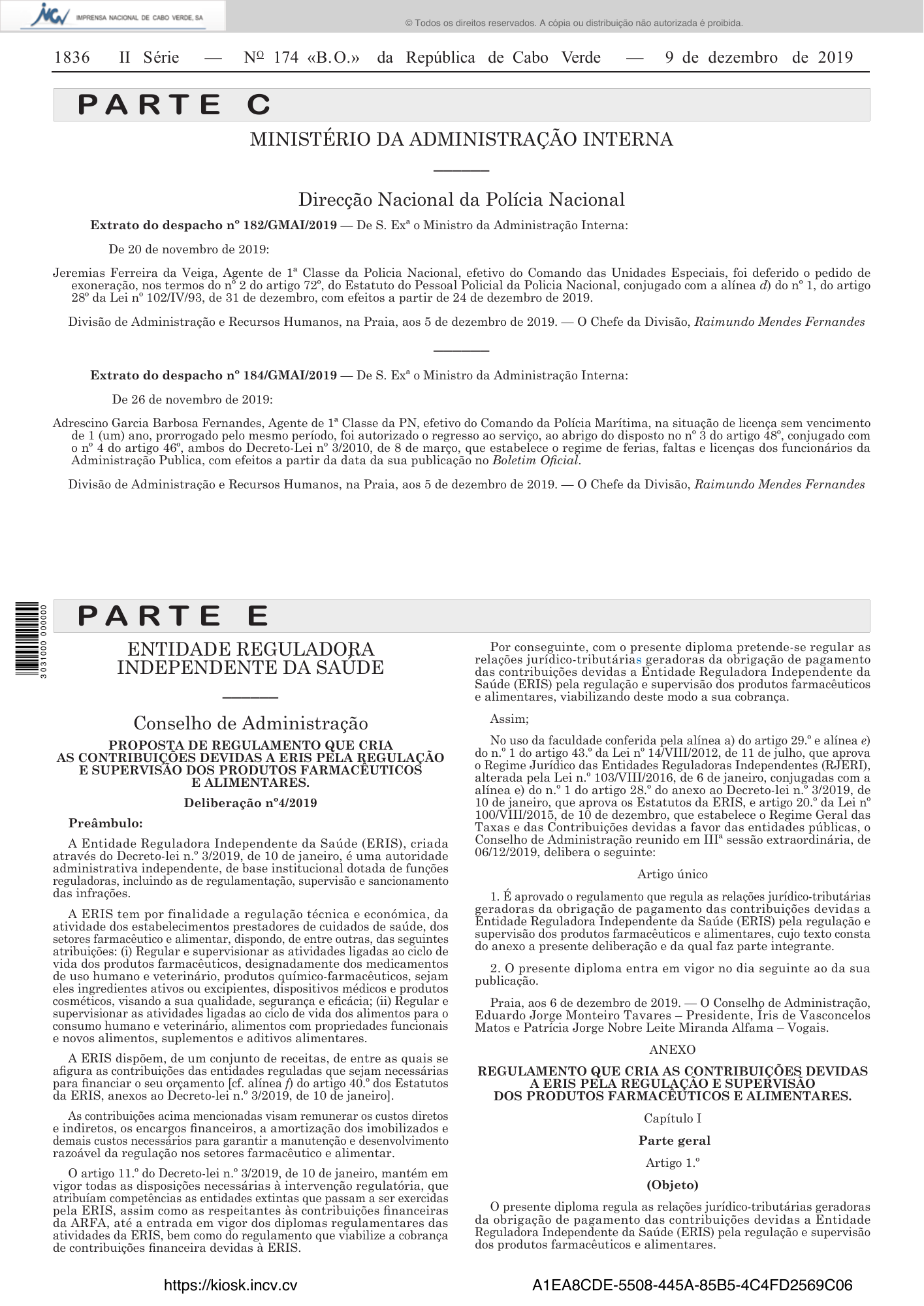 Deliberação n.º 4/2019, de 6 de dezembro — official PDF page 2; original table columns, symbols and diagram connections