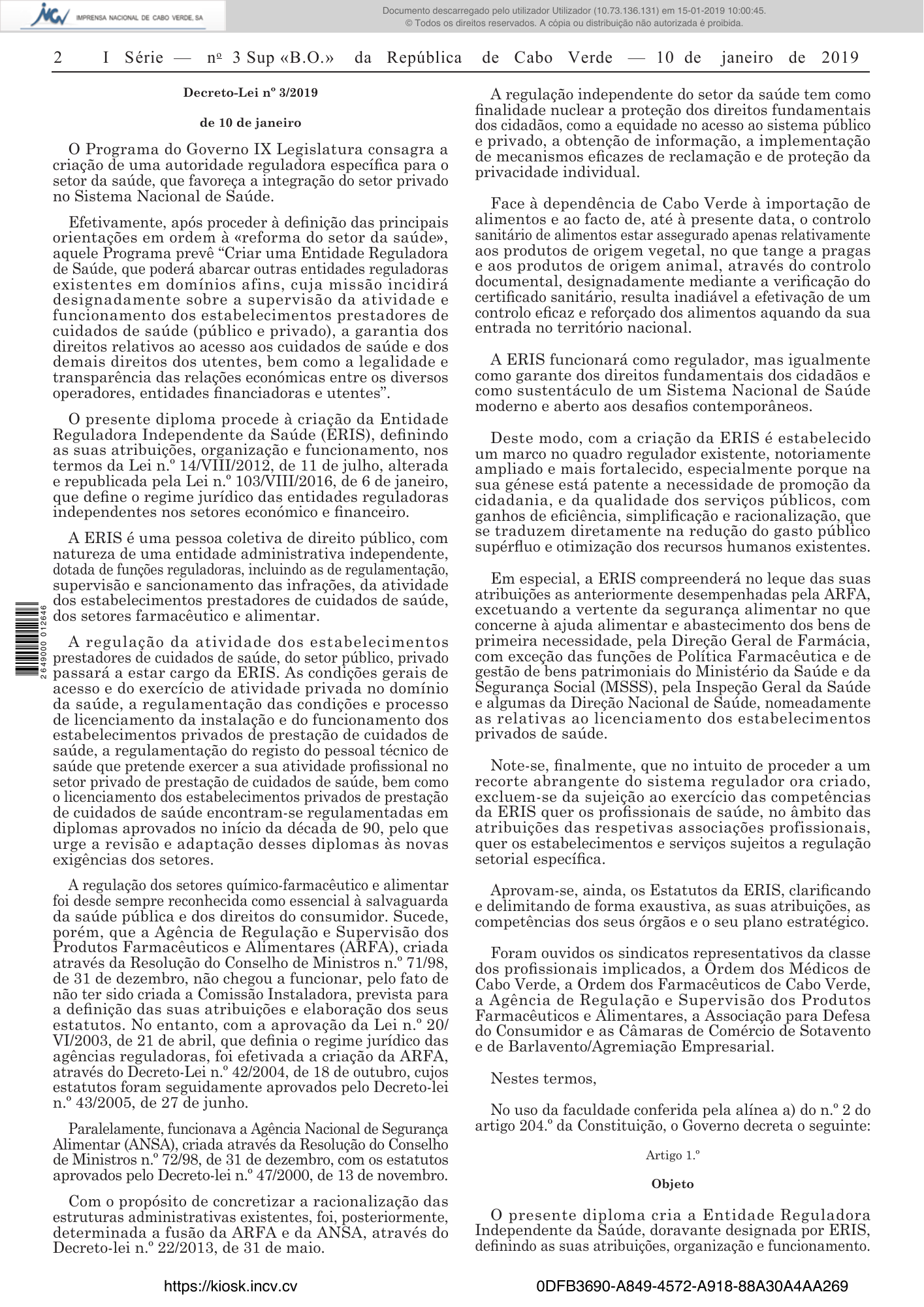 Decreto-Lei n.º 3/2019, de 10 de janeiro — official PDF page 2; original table columns, symbols and diagram connections