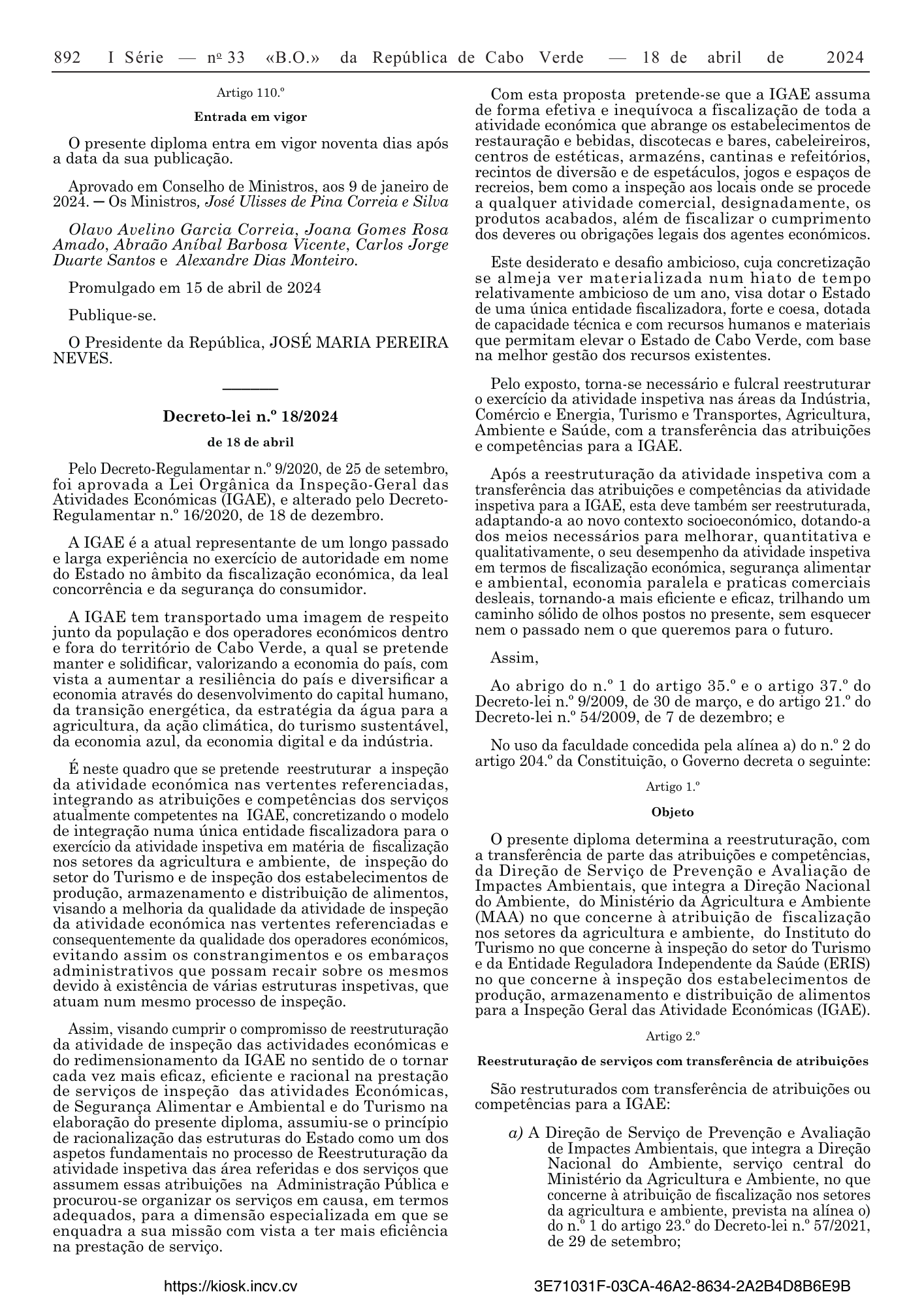 Decreto-Lei n.º 18/2024, de 18 de abril — official PDF page 20; original table columns, symbols and diagram connections